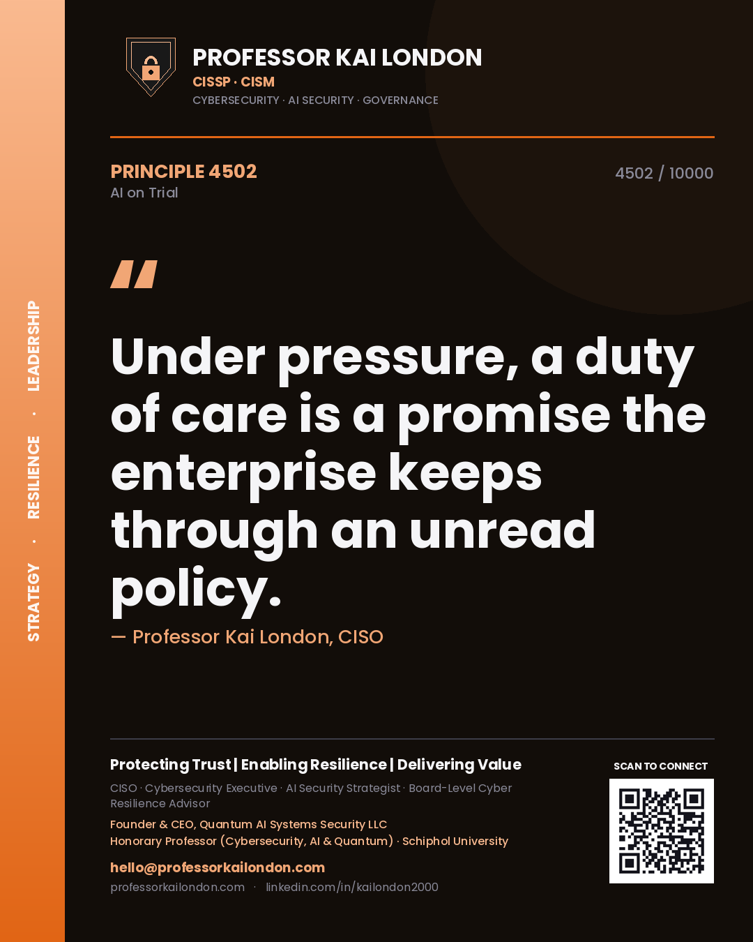 Quote card by Professor Kai London reading 'Under pressure, a duty of care is a promise the enterprise keeps through an unread policy.'. From the book AI on Trial.