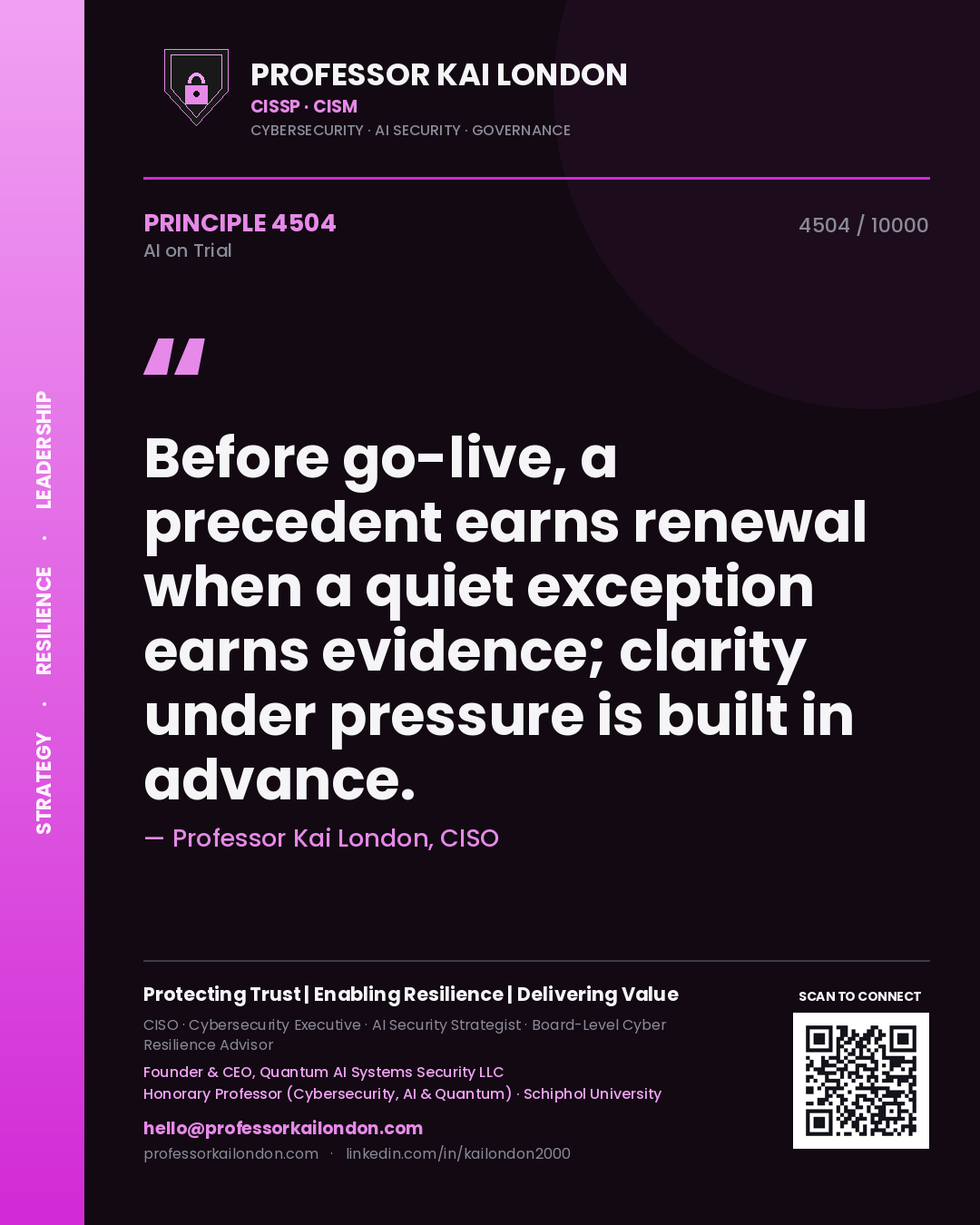 Quote card by Professor Kai London reading 'Before go-live, a precedent earns renewal when a quiet exception earns evidence; clarity under pressure is built in advance.'. From the book AI on Trial.