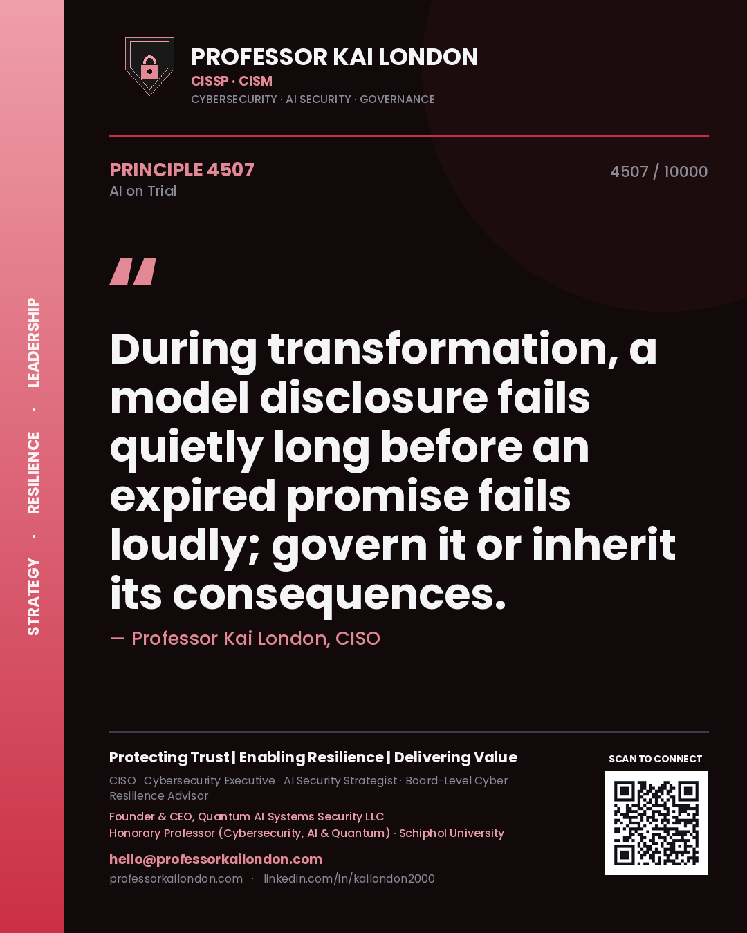 Quote card by Professor Kai London reading 'During transformation, a model disclosure fails quietly long before an expired promise fails loudly; govern it or inherit its consequences.'. From the book AI on Trial.