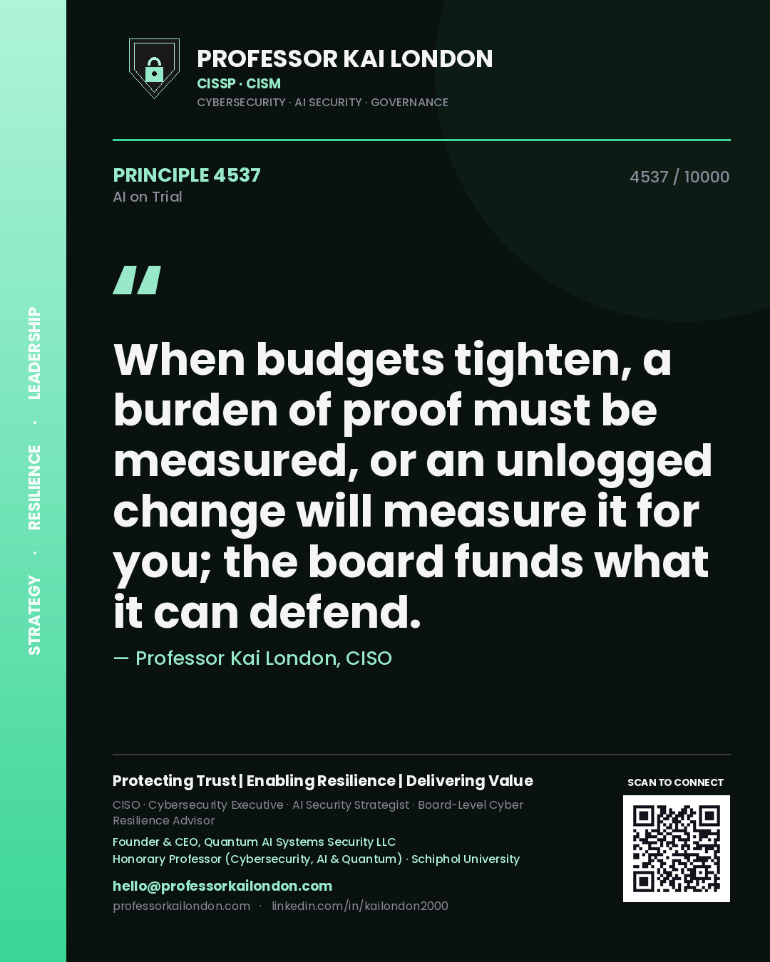 Quote card by Professor Kai London reading 'When budgets tighten, a burden of proof must be measured, or an unlogged change will measure it for you; the board funds what it can defend.'. From the book AI on Trial.