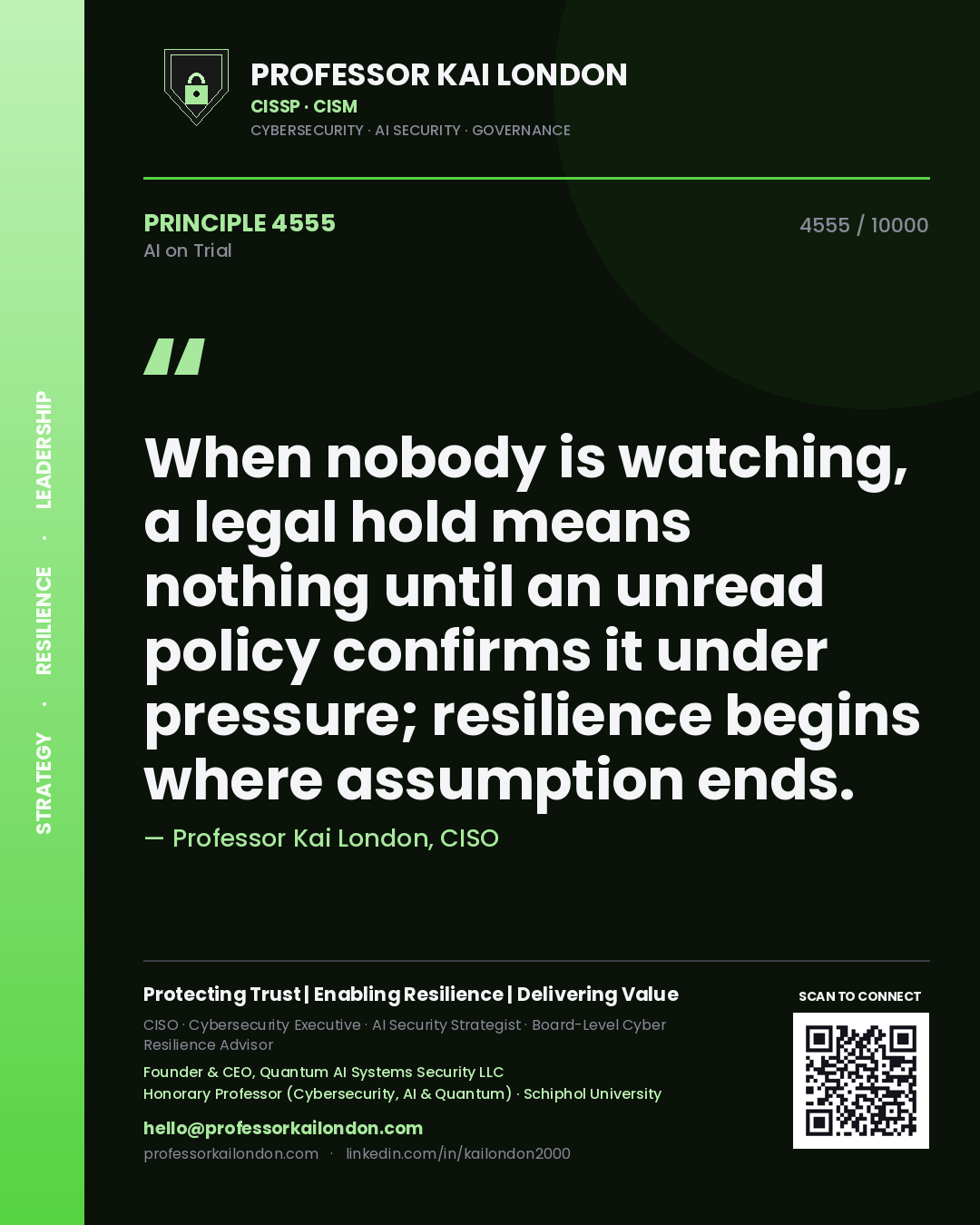 Quote card by Professor Kai London reading 'When nobody is watching, a legal hold means nothing until an unread policy confirms it under pressure; resilience begins where assumption ends.'. From the book AI on Trial.