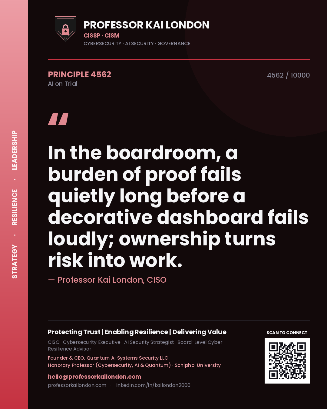 Quote card by Professor Kai London reading 'In the boardroom, a burden of proof fails quietly long before a decorative dashboard fails loudly; ownership turns risk into work.'. From the book AI on Trial.