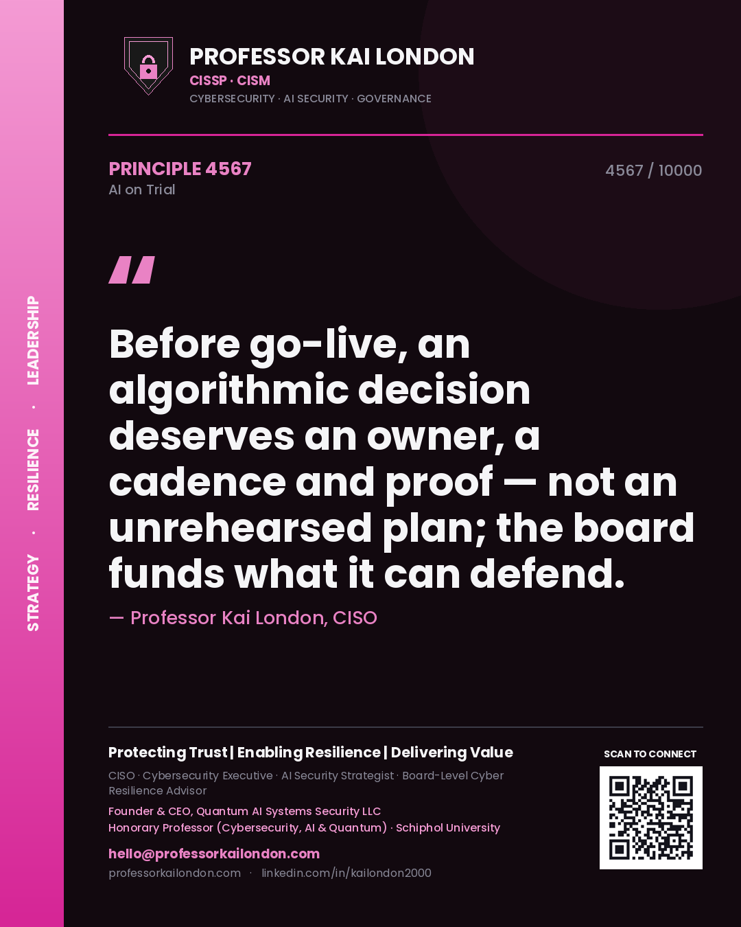 Quote card by Professor Kai London reading 'Before go-live, an algorithmic decision deserves an owner, a cadence and proof — not an unrehearsed plan; the board funds what it can defend.'. From the book AI on Trial.
