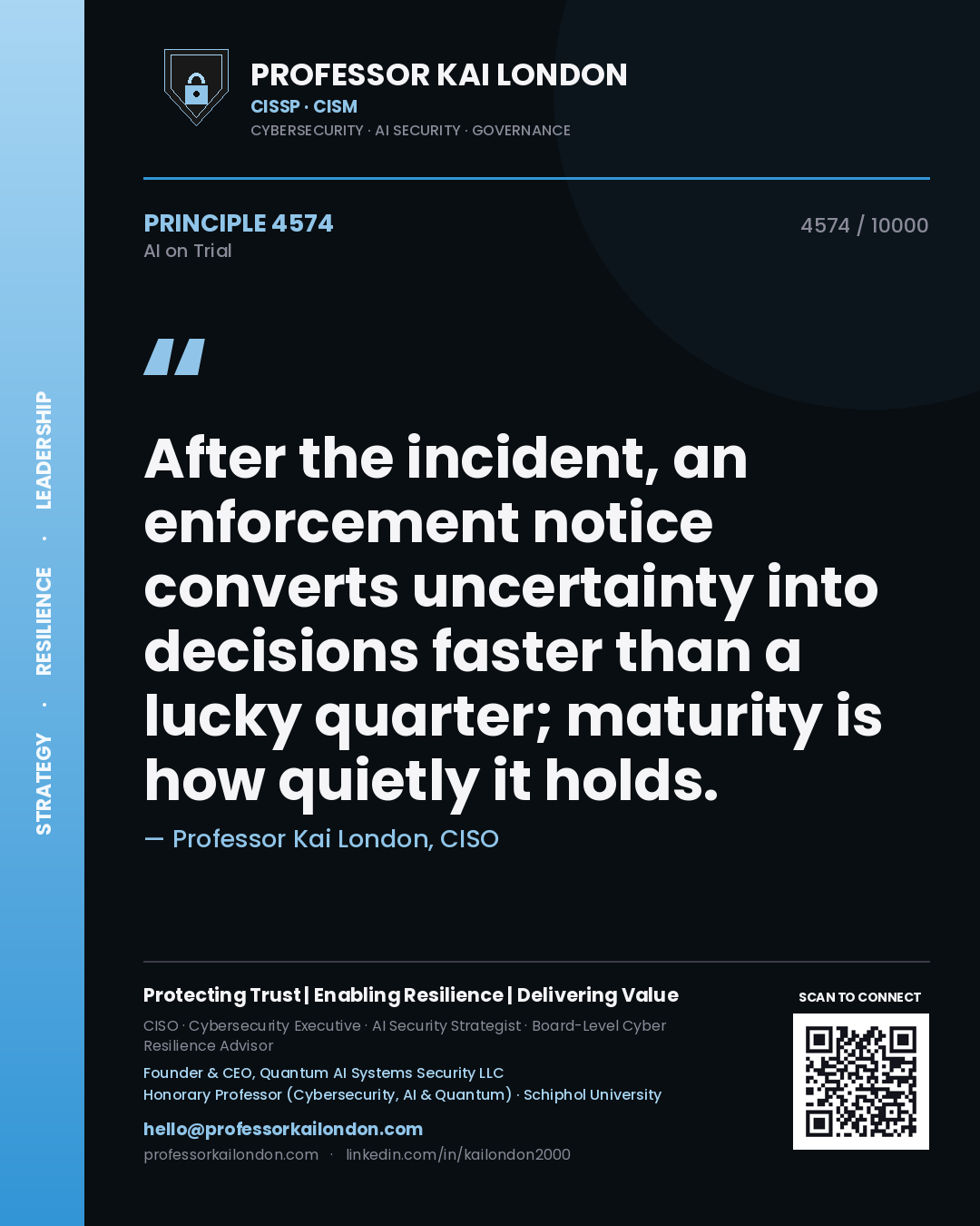 Quote card by Professor Kai London reading 'After the incident, an enforcement notice converts uncertainty into decisions faster than a lucky quarter; maturity is how quietly it holds.'. From the book AI on Trial.
