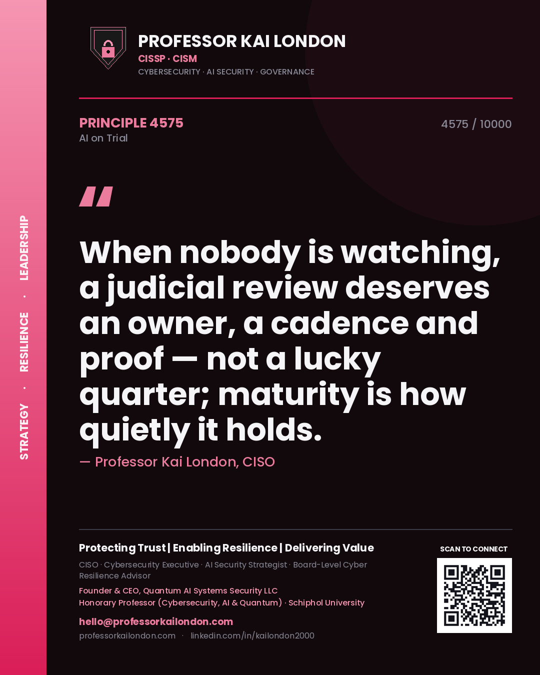 Quote card by Professor Kai London reading 'When nobody is watching, a judicial review deserves an owner, a cadence and proof — not a lucky quarter; maturity is how quietly it holds.'. From the book AI on Trial.