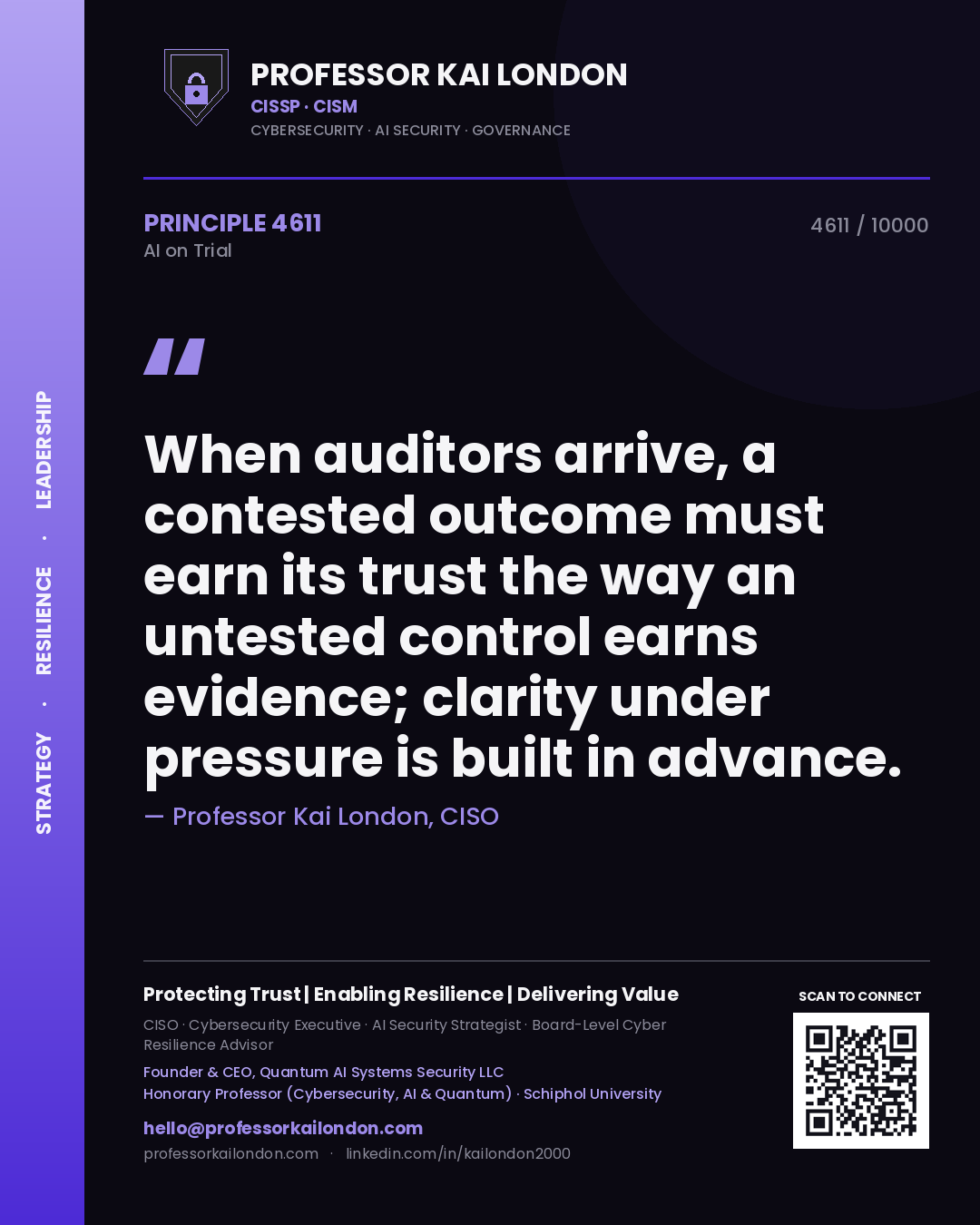 Professor Kai London principle 4611: When auditors arrive, a contested outcome must earn its trust the way an untested control earns evidence; clarity under pressure is built in advance.