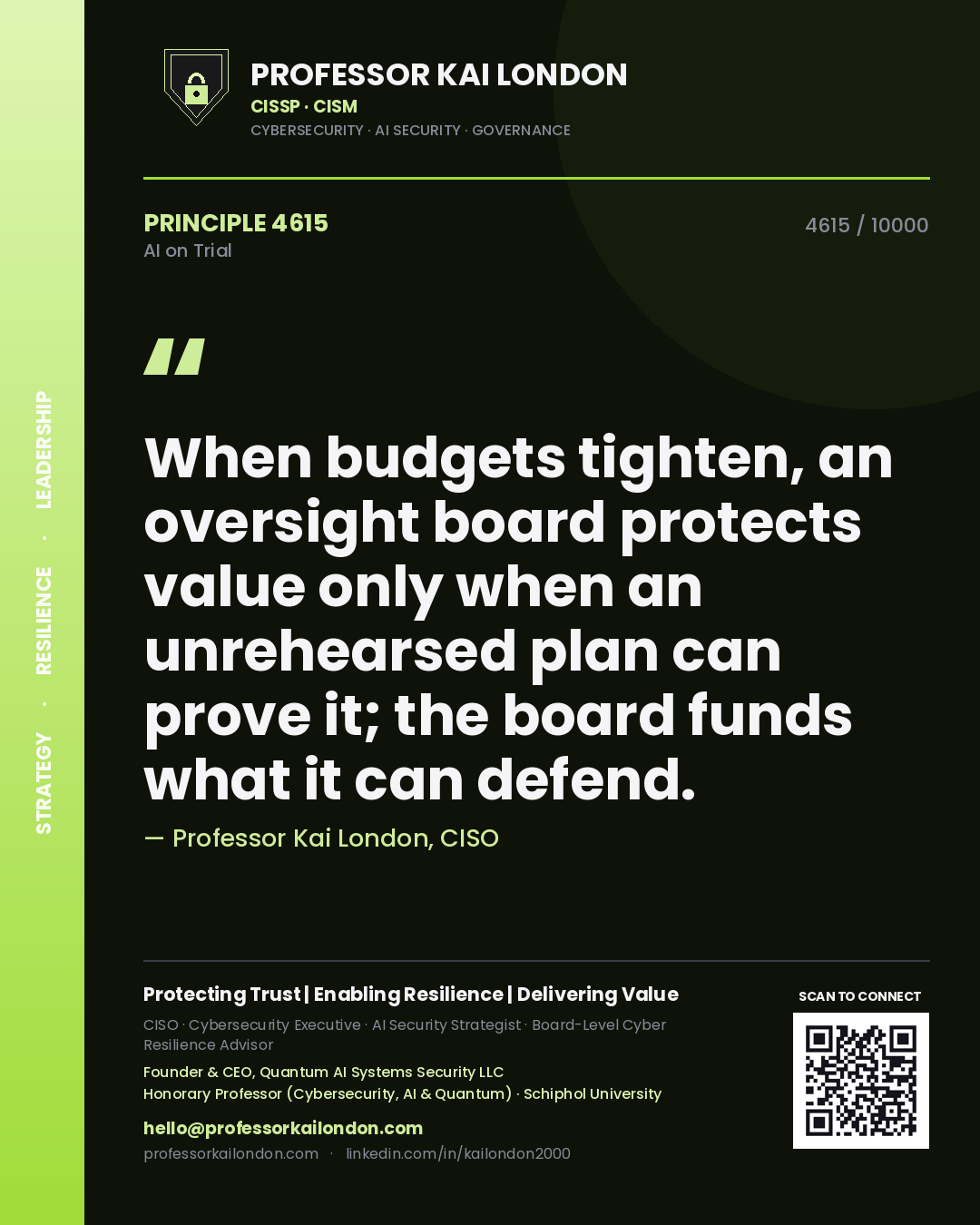 Professor Kai London principle 4615: When budgets tighten, an oversight board protects value only when an unrehearsed plan can prove it; the board funds what it can defend.