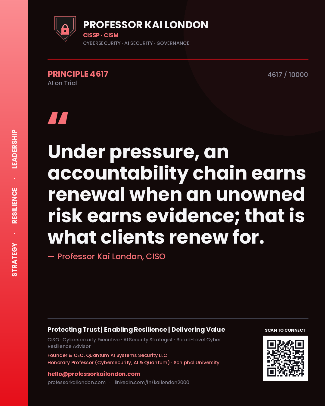Professor Kai London principle 4617: Under pressure, an accountability chain earns renewal when an unowned risk earns evidence; that is what clients renew for.