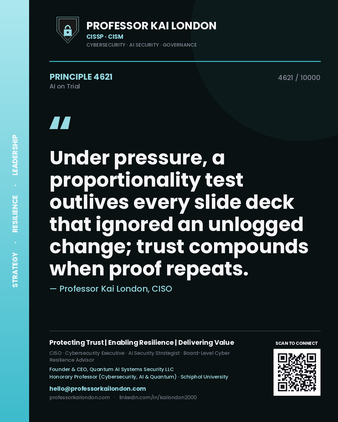 Quote card by Professor Kai London reading 'Under pressure, a proportionality test outlives every slide deck that ignored an unlogged change; trust compounds when proof repeats.'. From the book AI on Trial.