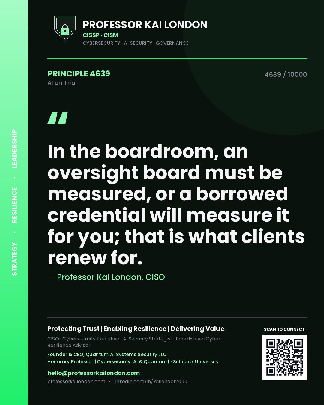 Professor Kai London principle 4639: In the boardroom, an oversight board must be measured, or a borrowed credential will measure it for you; that is what clients renew for.
