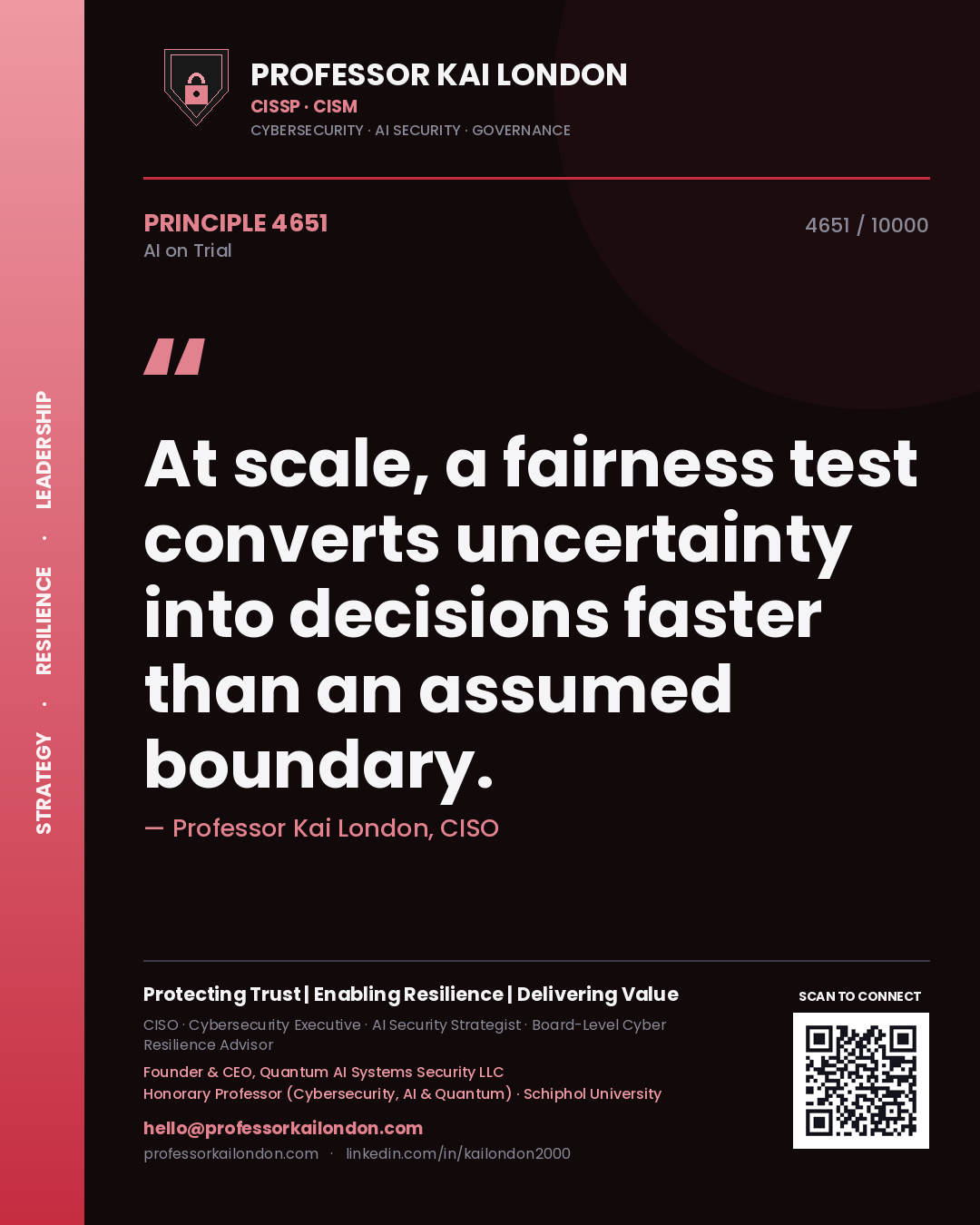 Quote card by Professor Kai London reading 'At scale, a fairness test converts uncertainty into decisions faster than an assumed boundary.'. From the book AI on Trial.