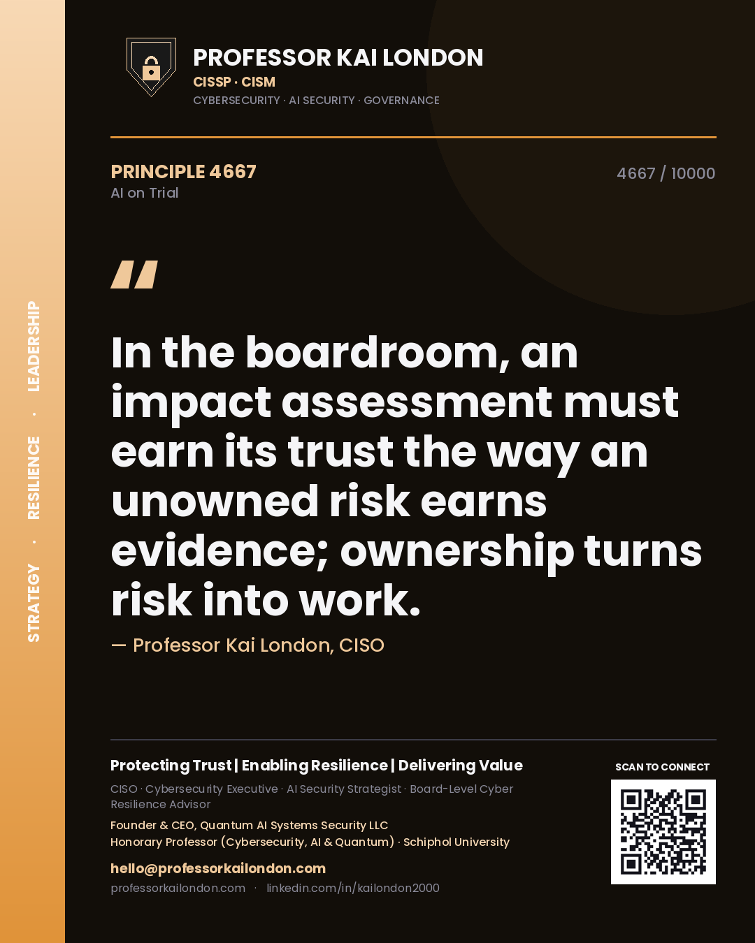 Quote card by Professor Kai London reading 'In the boardroom, an impact assessment must earn its trust the way an unowned risk earns evidence; ownership turns risk into work.'. From the book AI on Trial.