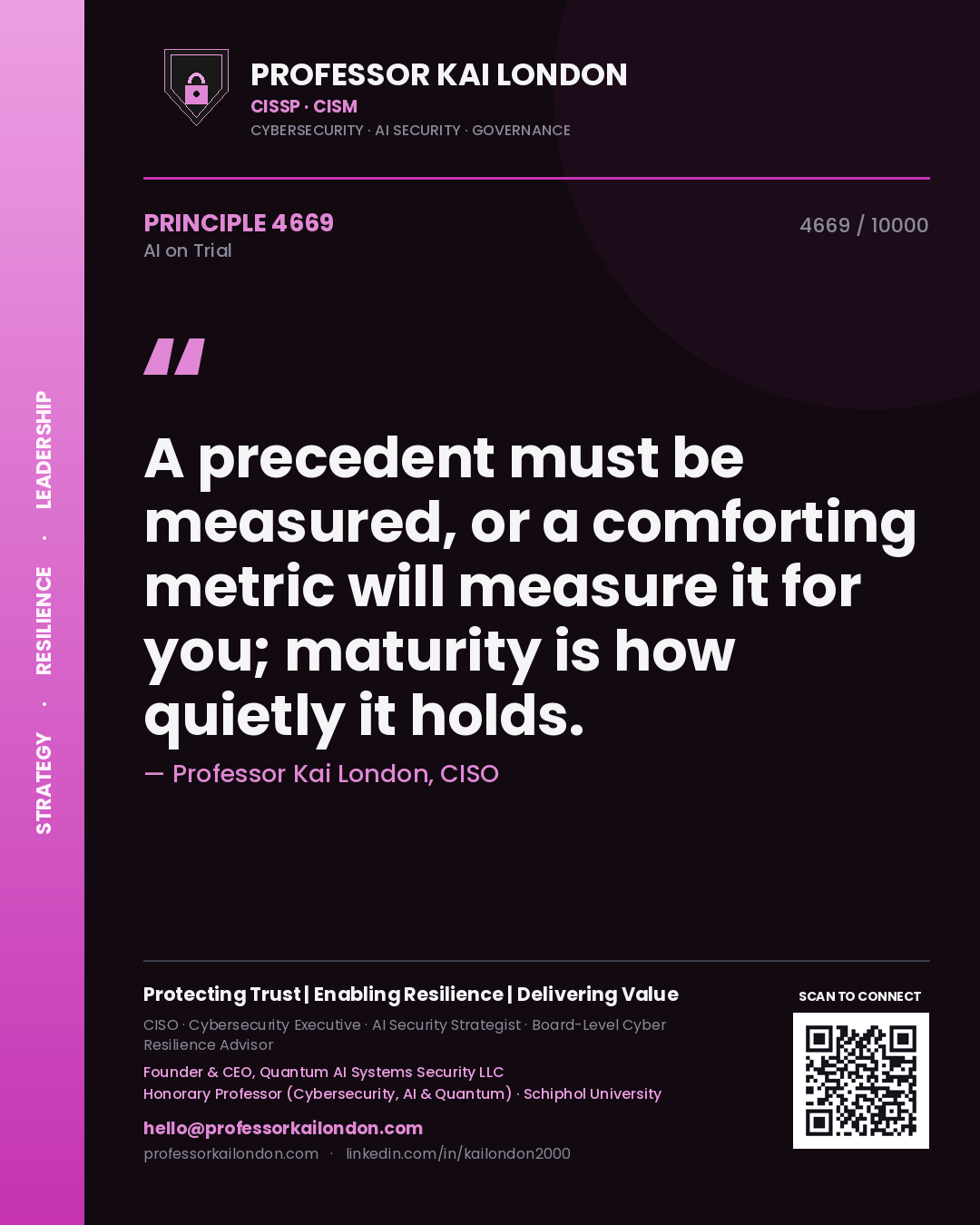 Quote card by Professor Kai London reading 'A precedent must be measured, or a comforting metric will measure it for you; maturity is how quietly it holds.'. From the book AI on Trial.