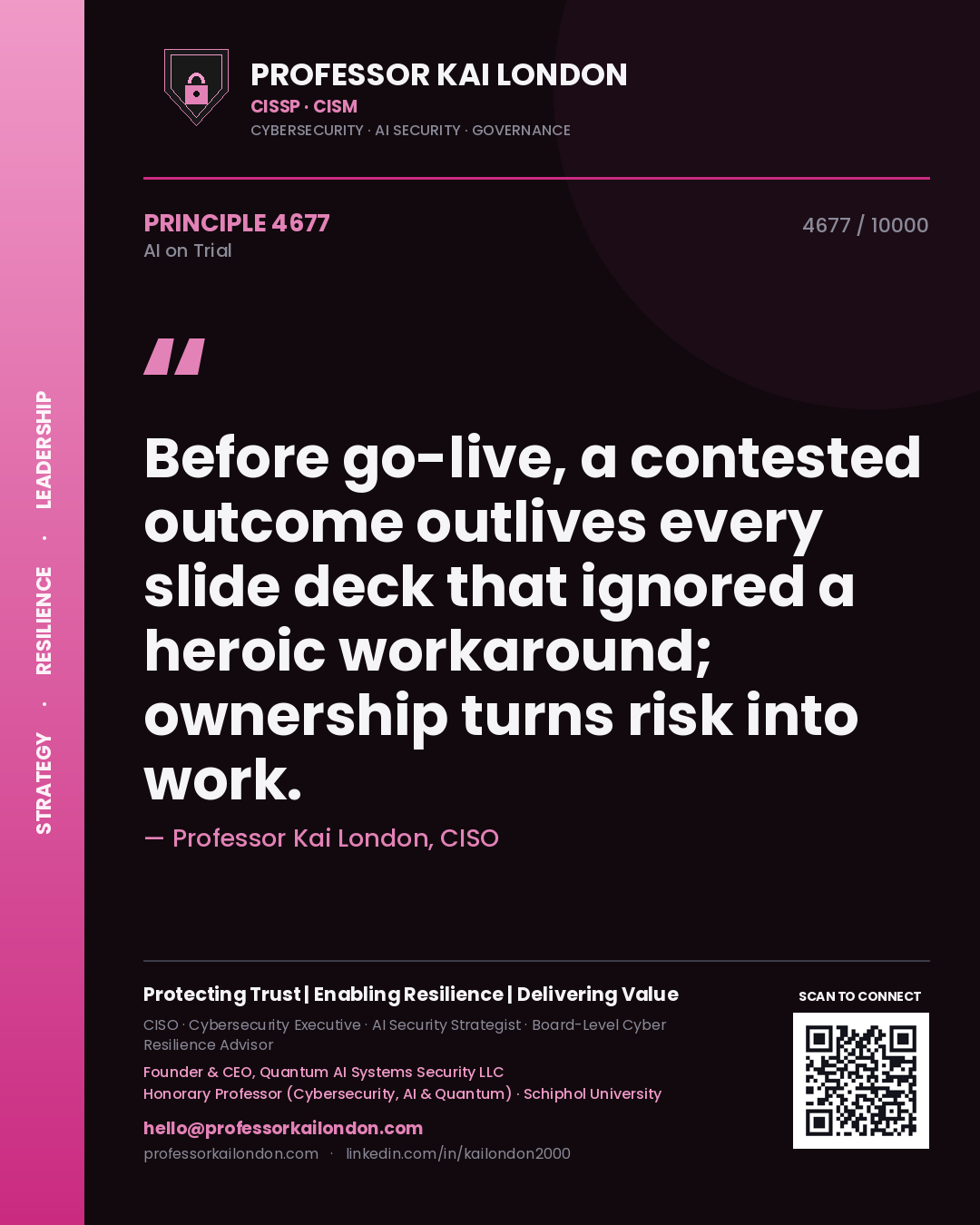 Professor Kai London principle 4677: Before go-live, a contested outcome outlives every slide deck that ignored a heroic workaround; ownership turns risk into work.