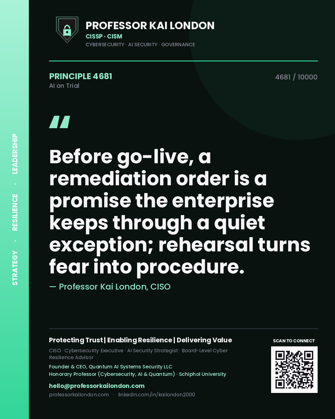 Quote card by Professor Kai London reading 'Before go-live, a remediation order is a promise the enterprise keeps through a quiet exception; rehearsal turns fear into procedure.'. From the book AI on Trial.