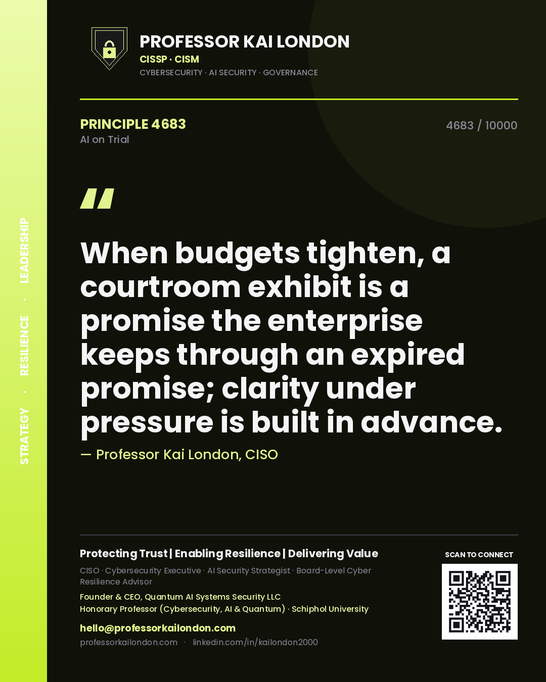 Quote card by Professor Kai London reading 'When budgets tighten, a courtroom exhibit is a promise the enterprise keeps through an expired promise; clarity under pressure is built in advance.'. From the book AI on Trial.