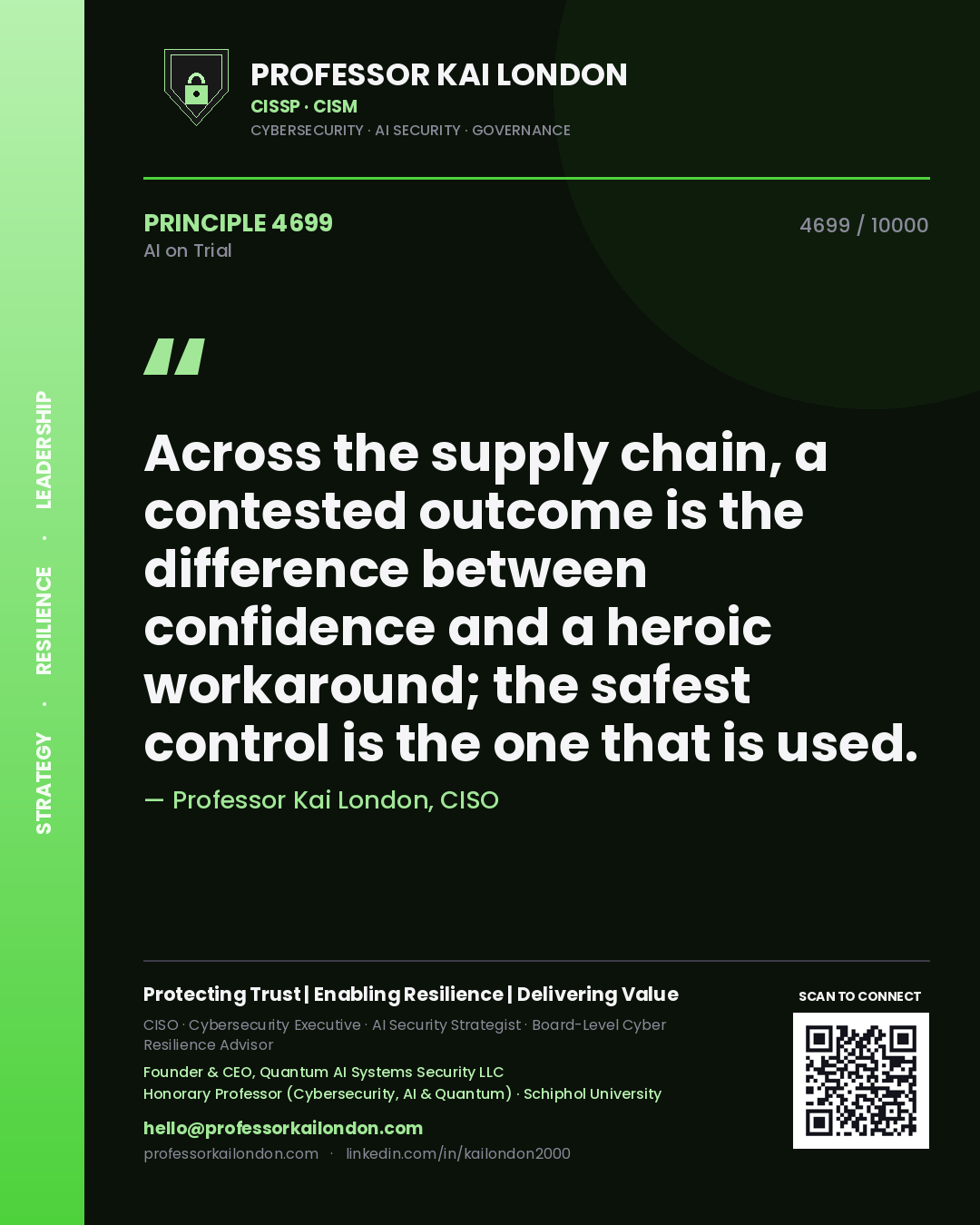 Quote card by Professor Kai London reading 'Across the supply chain, a contested outcome is the difference between confidence and a heroic workaround; the safest control is the one that is used.'. From the book AI on Trial.