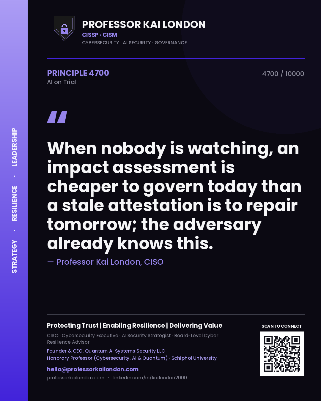 Professor Kai London principle 4700: When nobody is watching, an impact assessment is cheaper to govern today than a stale attestation is to repair tomorrow; the adversary already knows this.