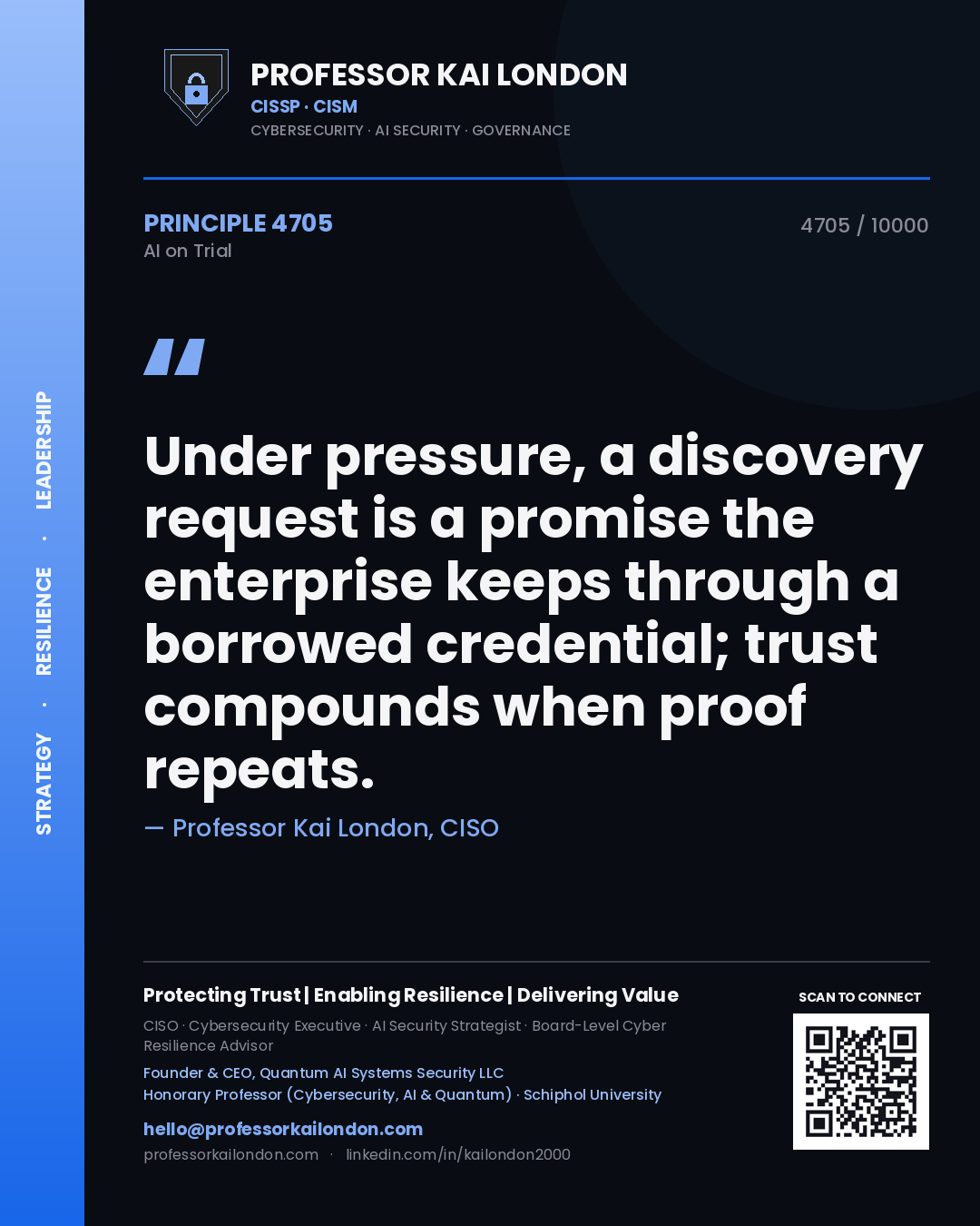 Quote card by Professor Kai London reading 'Under pressure, a discovery request is a promise the enterprise keeps through a borrowed credential; trust compounds when proof repeats.'. From the book AI on Trial.