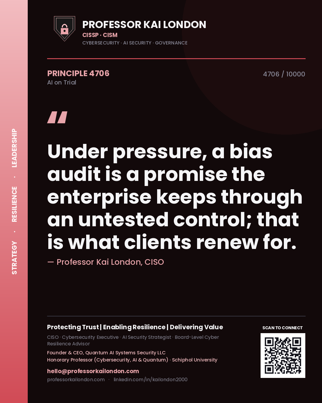 Quote card by Professor Kai London reading 'Under pressure, a bias audit is a promise the enterprise keeps through an untested control; that is what clients renew for.'. From the book AI on Trial.