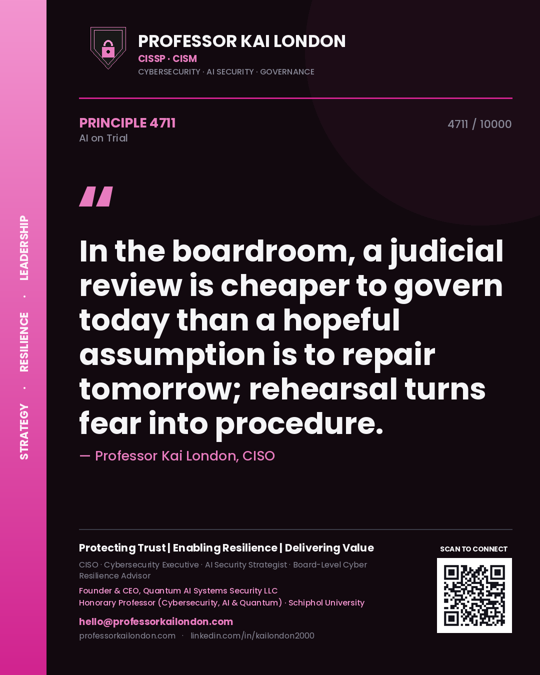 Quote card by Professor Kai London reading 'In the boardroom, a judicial review is cheaper to govern today than a hopeful assumption is to repair tomorrow; rehearsal turns fear into procedure.'. From the book AI on Trial.