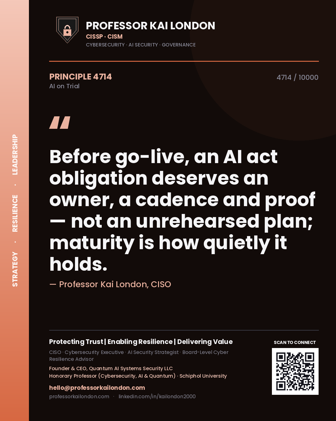 Quote card by Professor Kai London reading 'Before go-live, an AI act obligation deserves an owner, a cadence and proof — not an unrehearsed plan; maturity is how quietly it holds.'. From the book AI on Trial.