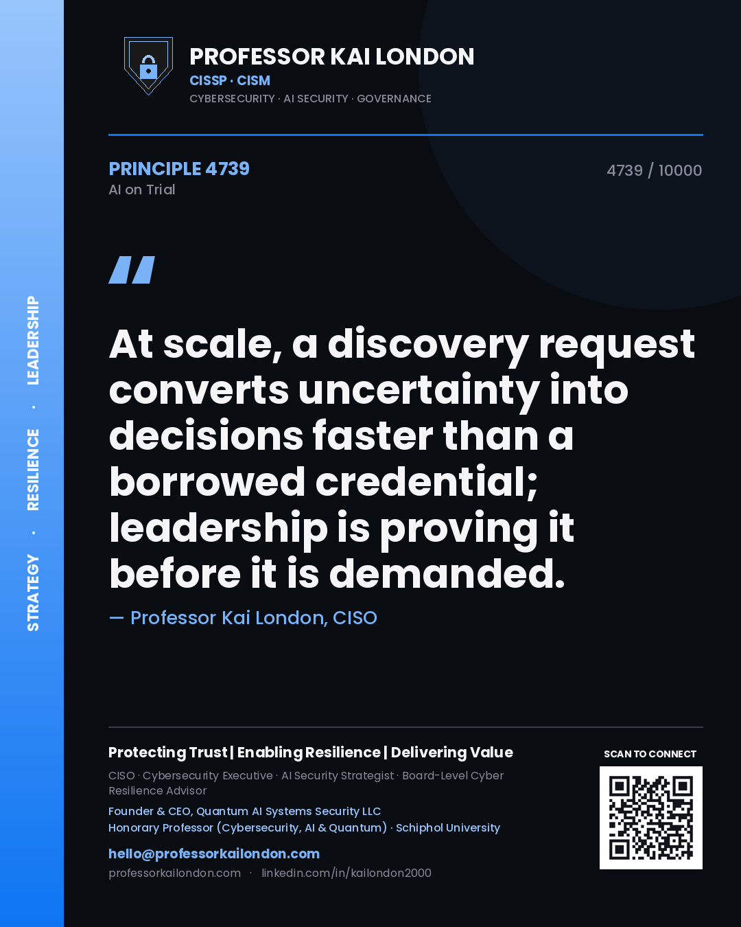 Quote card by Professor Kai London reading 'At scale, a discovery request converts uncertainty into decisions faster than a borrowed credential; leadership is proving it before it is demanded.'. From the book AI on Trial.
