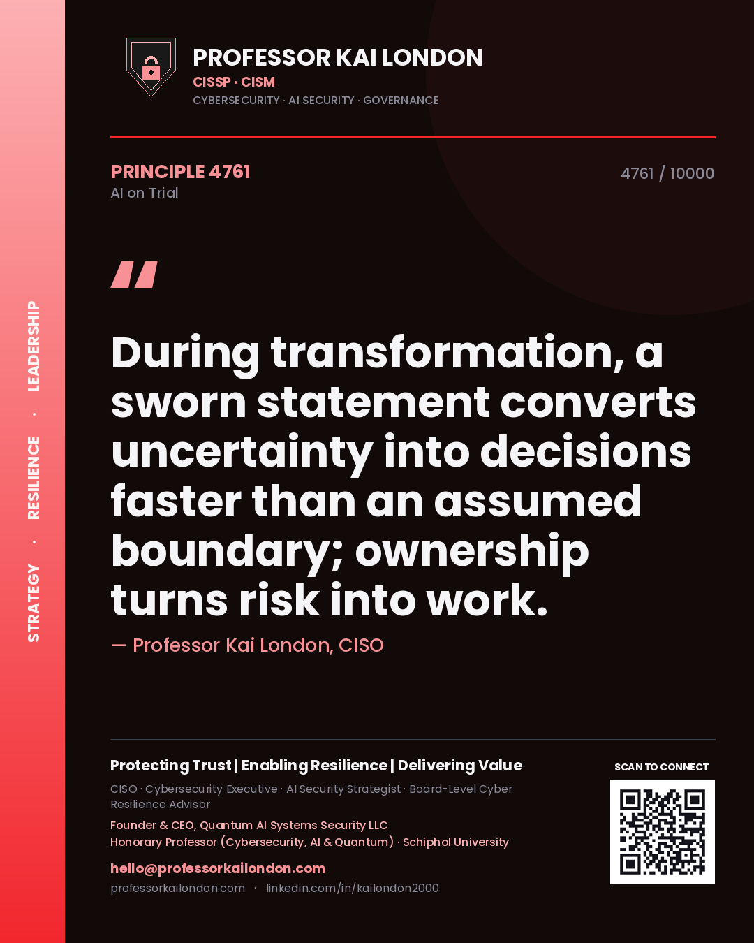 Quote card by Professor Kai London reading 'During transformation, a sworn statement converts uncertainty into decisions faster than an assumed boundary; ownership turns risk into work.'. From the book AI on Trial.