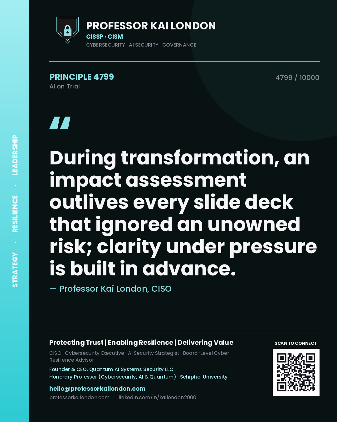 Quote card by Professor Kai London reading 'During transformation, an impact assessment outlives every slide deck that ignored an unowned risk; clarity under pressure is built in advance.'. From the book AI on Trial.