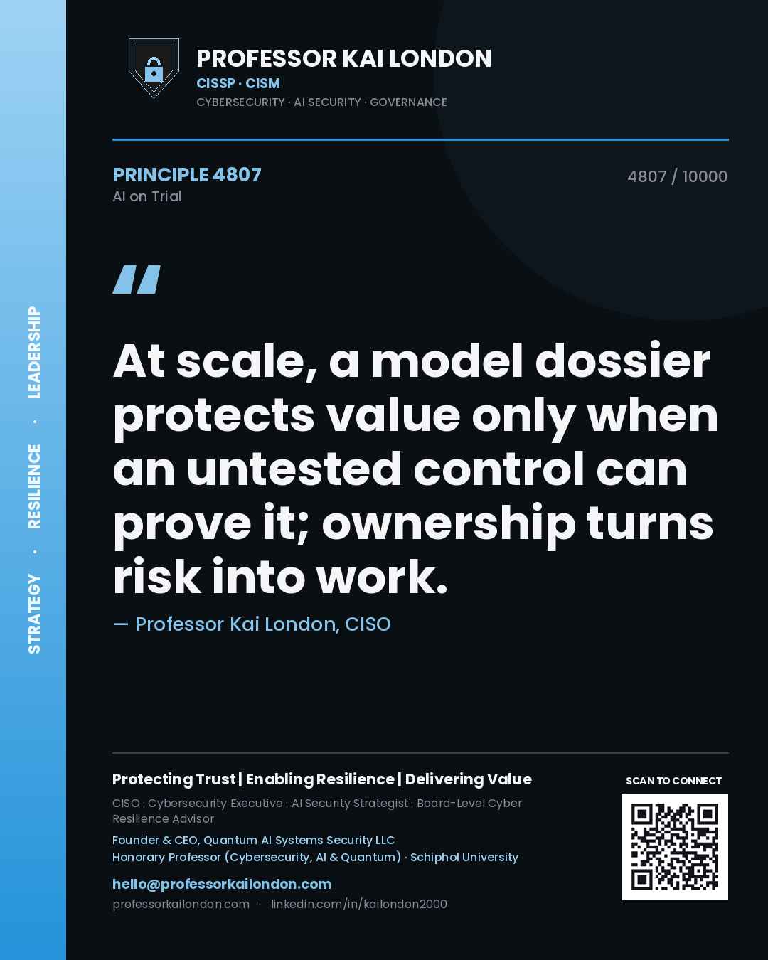 Quote card by Professor Kai London reading 'At scale, a model dossier protects value only when an untested control can prove it; ownership turns risk into work.'. From the book AI on Trial.