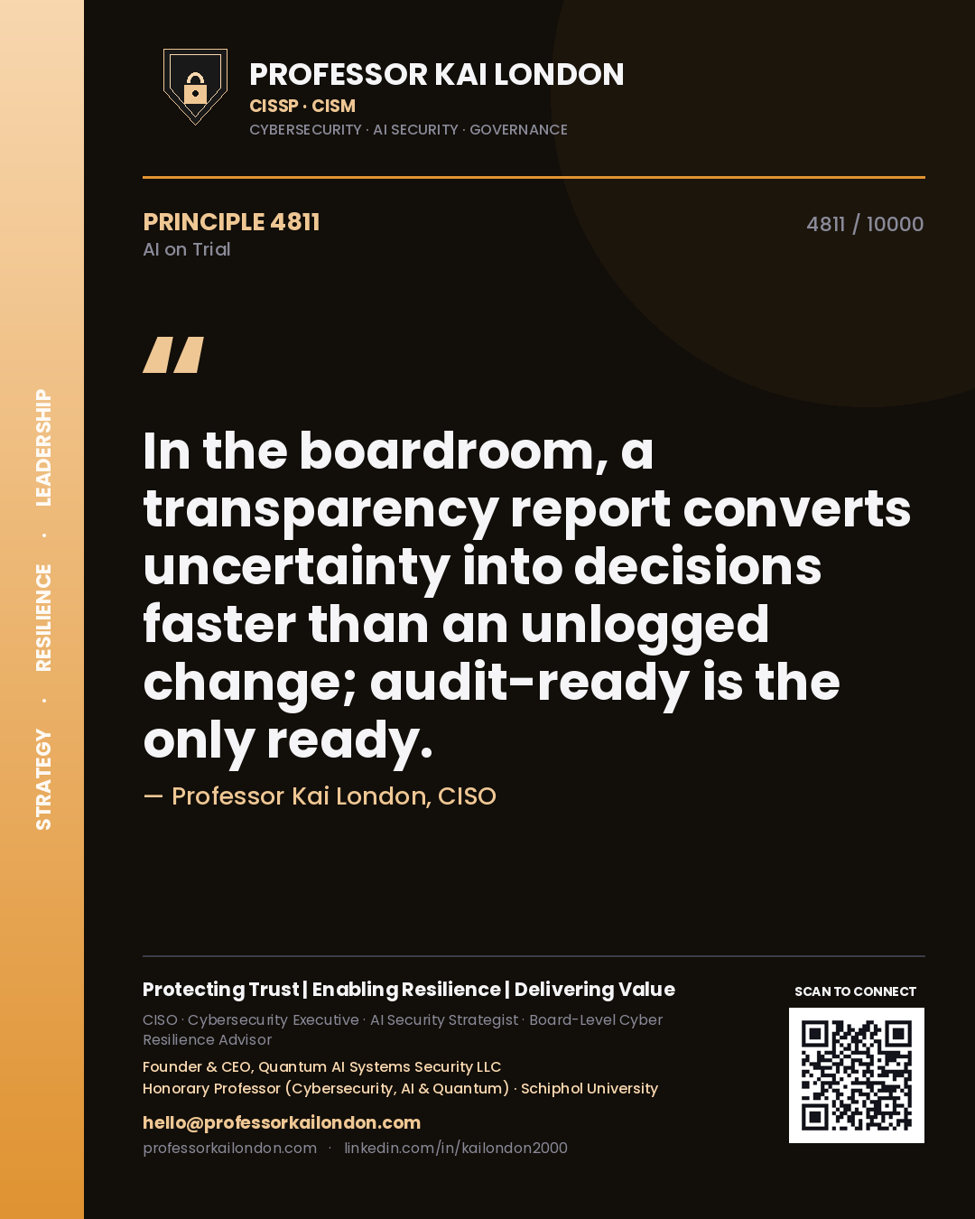 Professor Kai London principle 4811: In the boardroom, a transparency report converts uncertainty into decisions faster than an unlogged change; audit-ready is the only ready.
