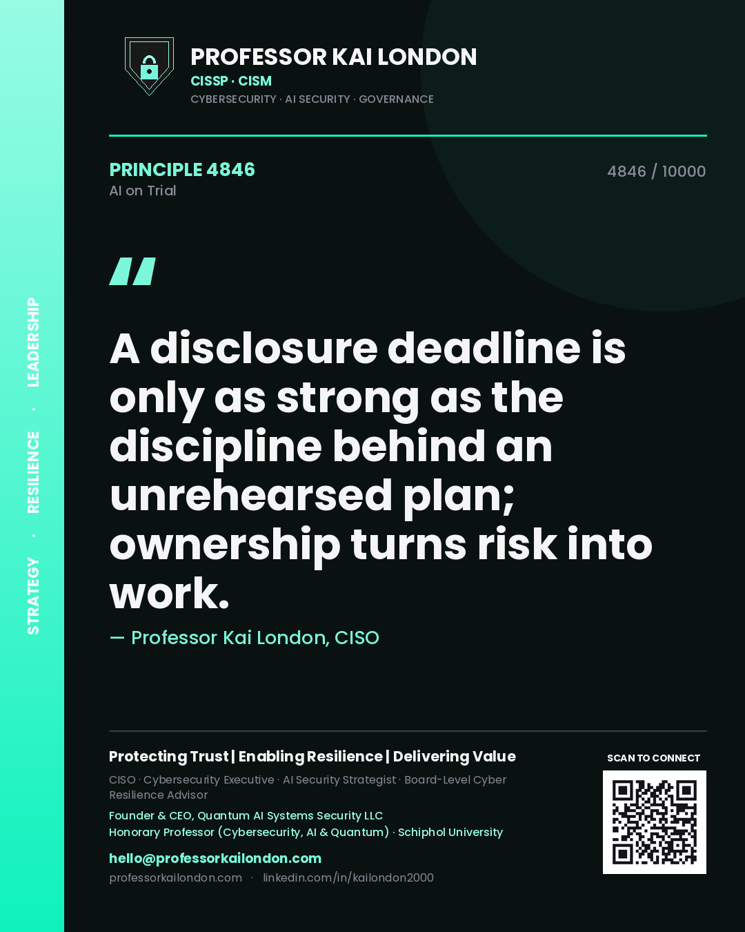 Professor Kai London principle 4846: A disclosure deadline is only as strong as the discipline behind an unrehearsed plan; ownership turns risk into work.