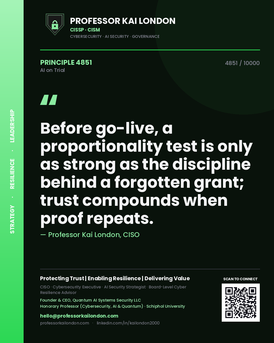 Professor Kai London principle 4851: Before go-live, a proportionality test is only as strong as the discipline behind a forgotten grant; trust compounds when proof repeats.