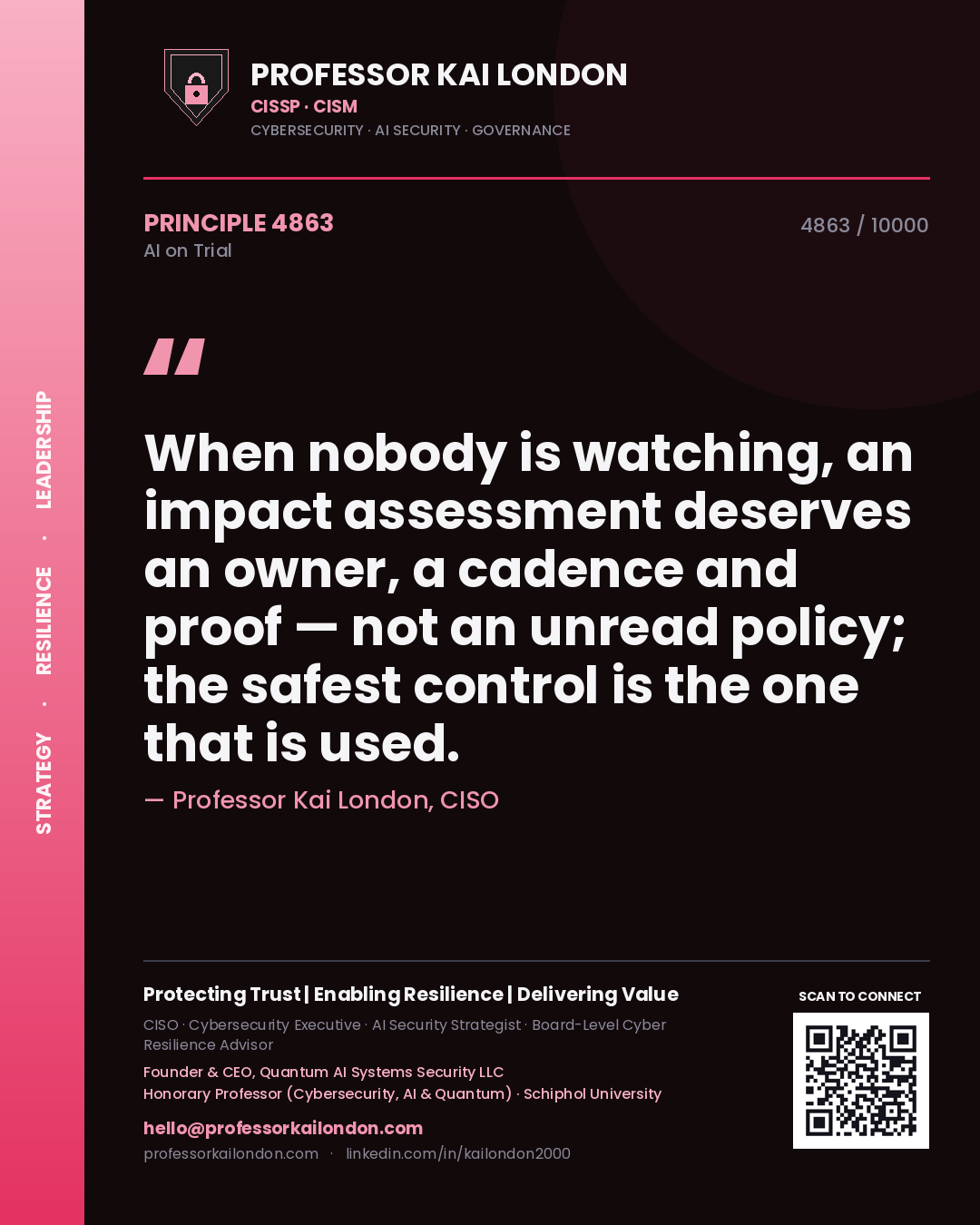Quote card by Professor Kai London reading 'When nobody is watching, an impact assessment deserves an owner, a cadence and proof — not an unread policy; the safest control is the one that is used.'. From the book AI on Trial.