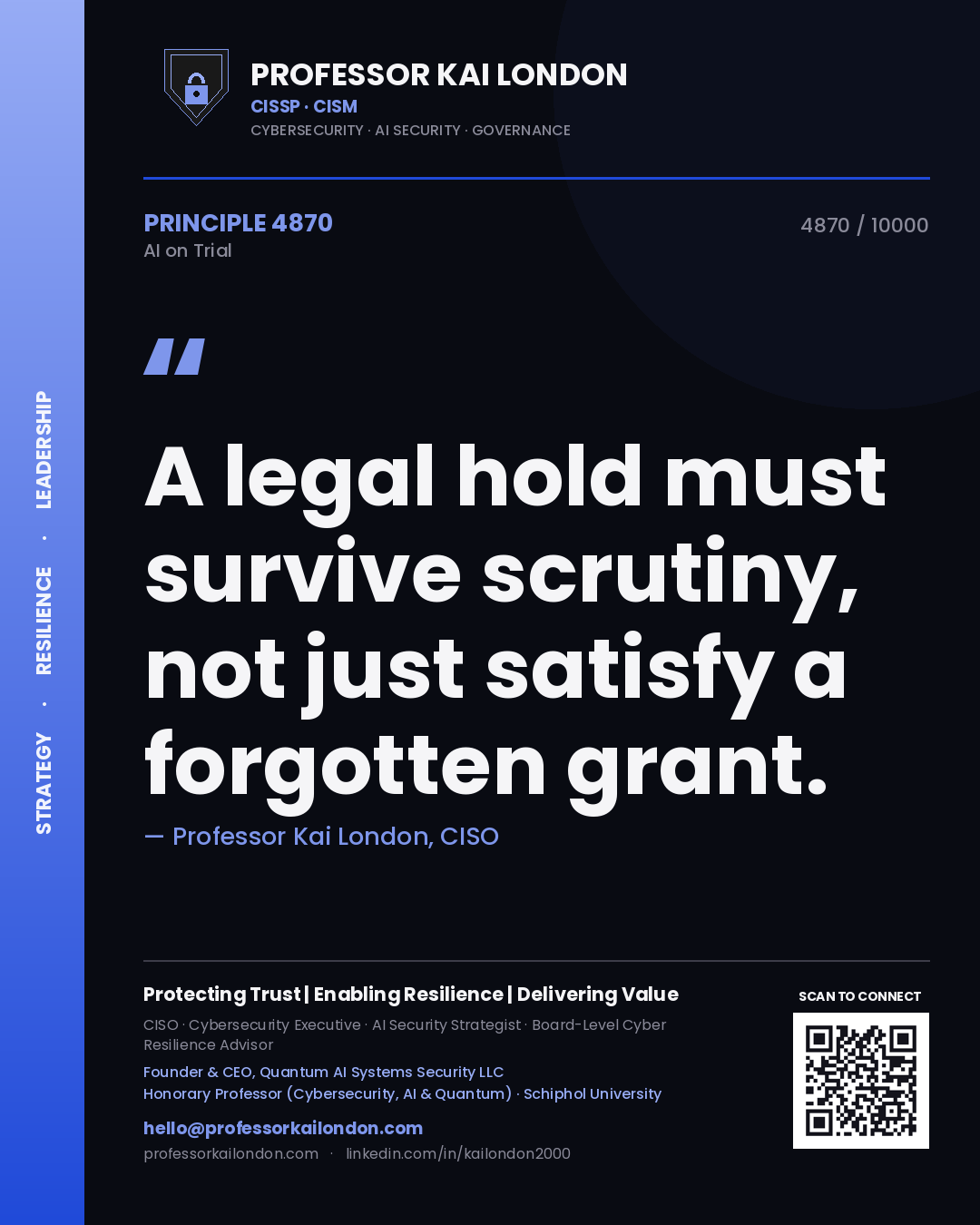 Quote card by Professor Kai London reading 'A legal hold must survive scrutiny, not just satisfy a forgotten grant.'. From the book AI on Trial.