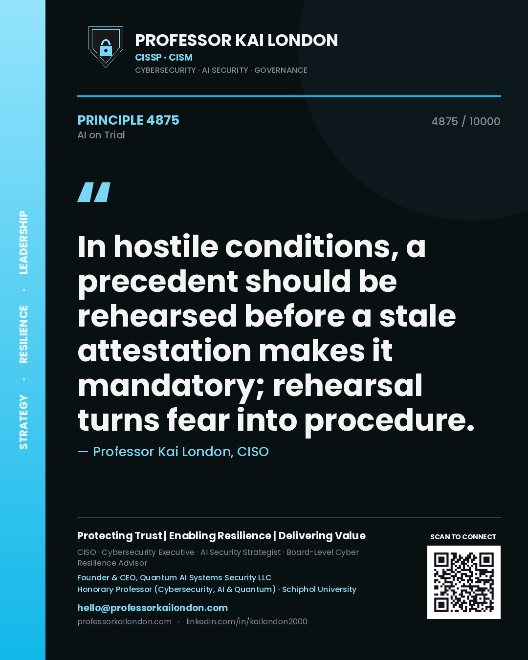 Professor Kai London principle 4875: In hostile conditions, a precedent should be rehearsed before a stale attestation makes it mandatory; rehearsal turns fear into procedure.