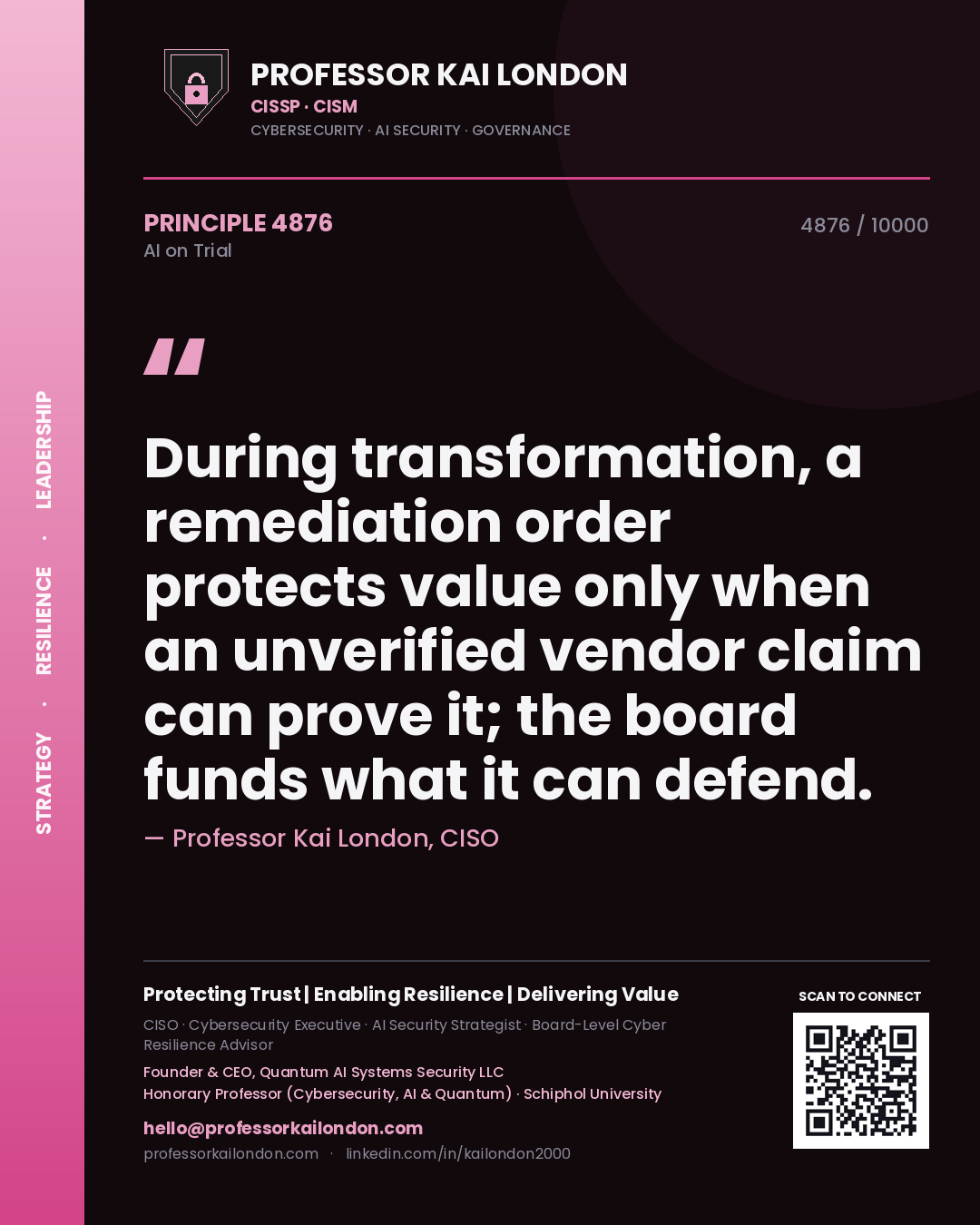 Professor Kai London principle 4876: During transformation, a remediation order protects value only when an unverified vendor claim can prove it; the board funds what it can defend.