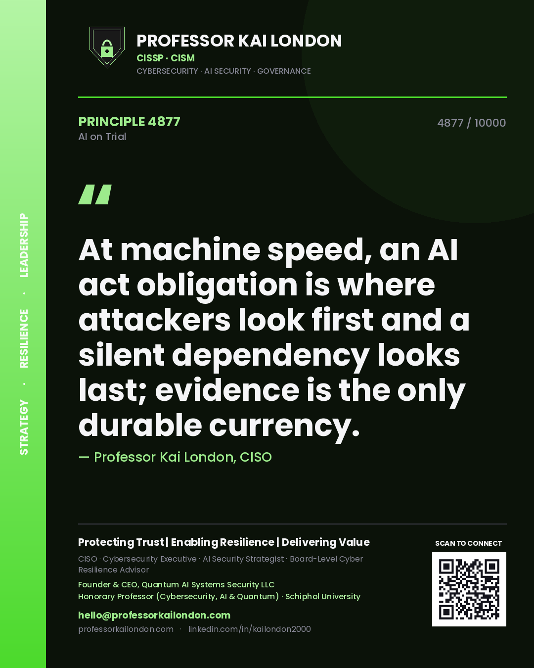 Professor Kai London principle 4877: At machine speed, an AI act obligation is where attackers look first and a silent dependency looks last; evidence is the only durable currency.