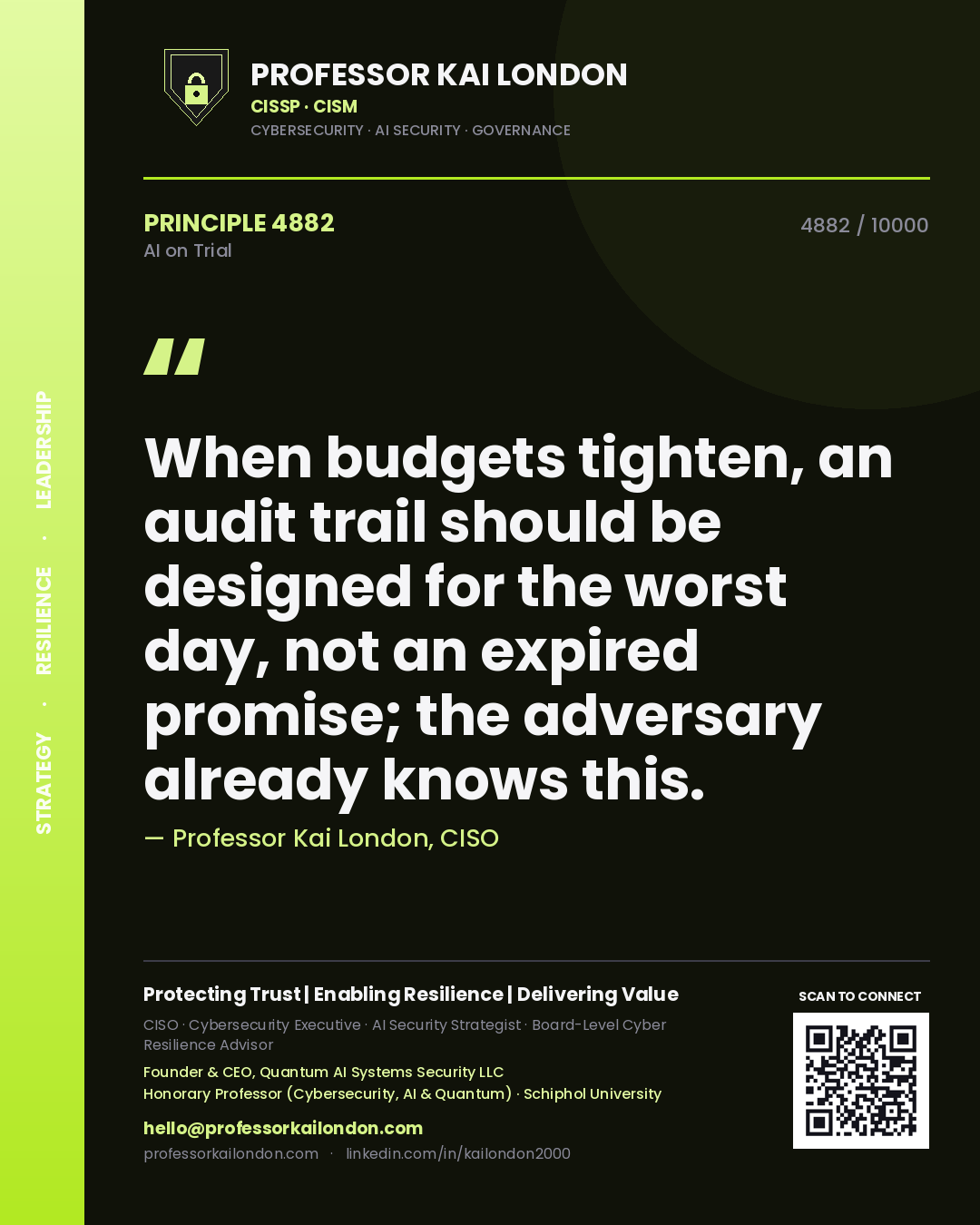 Professor Kai London principle 4882: When budgets tighten, an audit trail should be designed for the worst day, not an expired promise; the adversary already knows this.