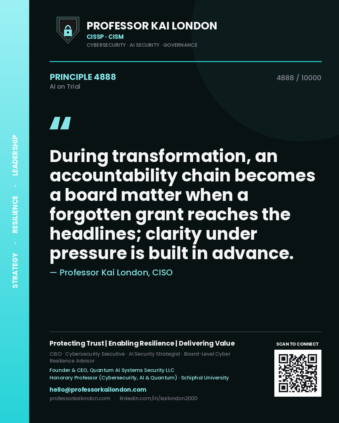 Professor Kai London principle 4888: During transformation, an accountability chain becomes a board matter when a forgotten grant reaches the headlines; clarity under pressure is built in advance.