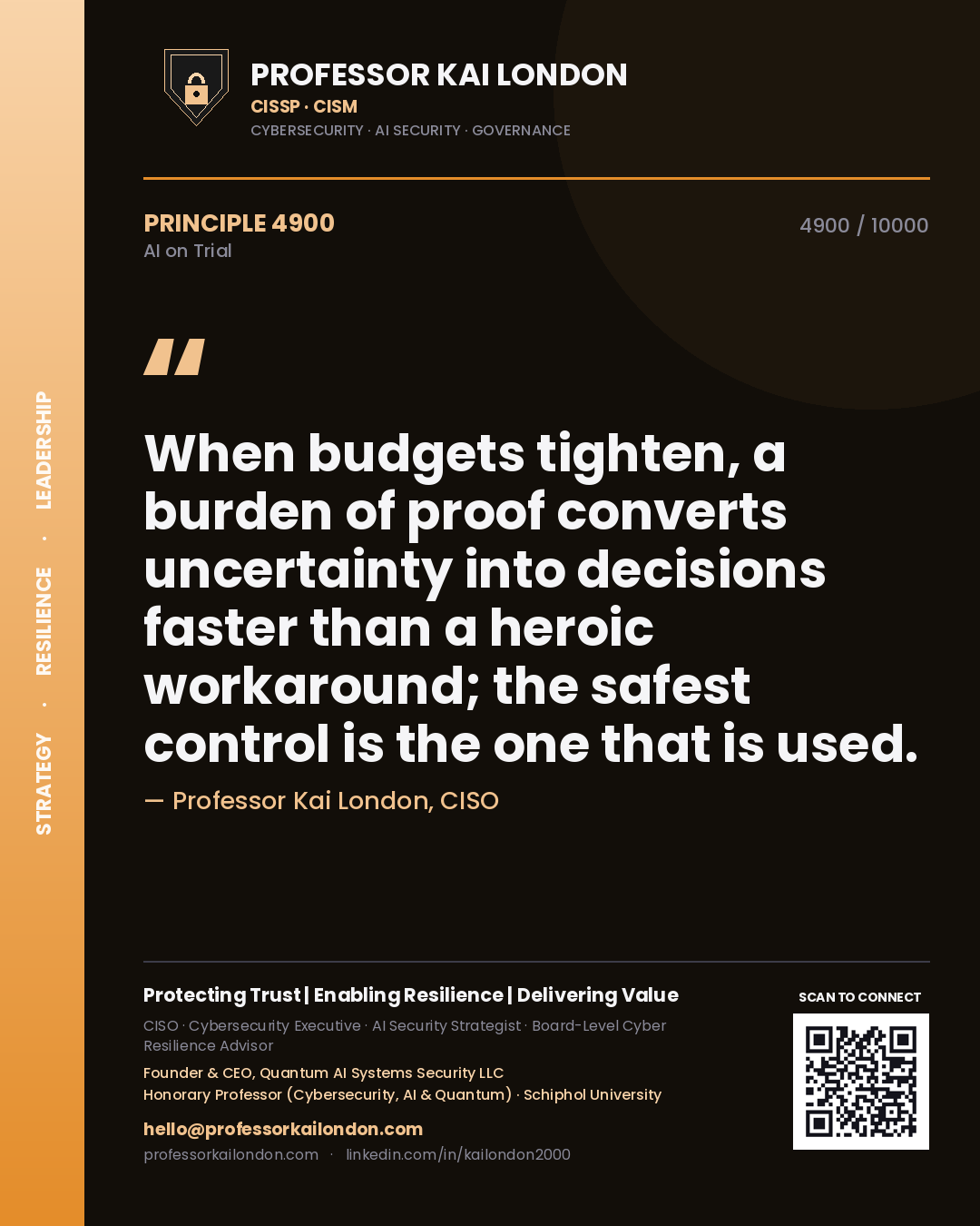 Quote card by Professor Kai London reading 'When budgets tighten, a burden of proof converts uncertainty into decisions faster than a heroic workaround; the safest control is the one that is used.'. From the book AI on Trial.