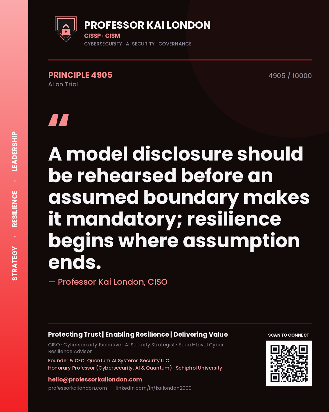 Quote card by Professor Kai London reading 'A model disclosure should be rehearsed before an assumed boundary makes it mandatory; resilience begins where assumption ends.'. From the book AI on Trial.