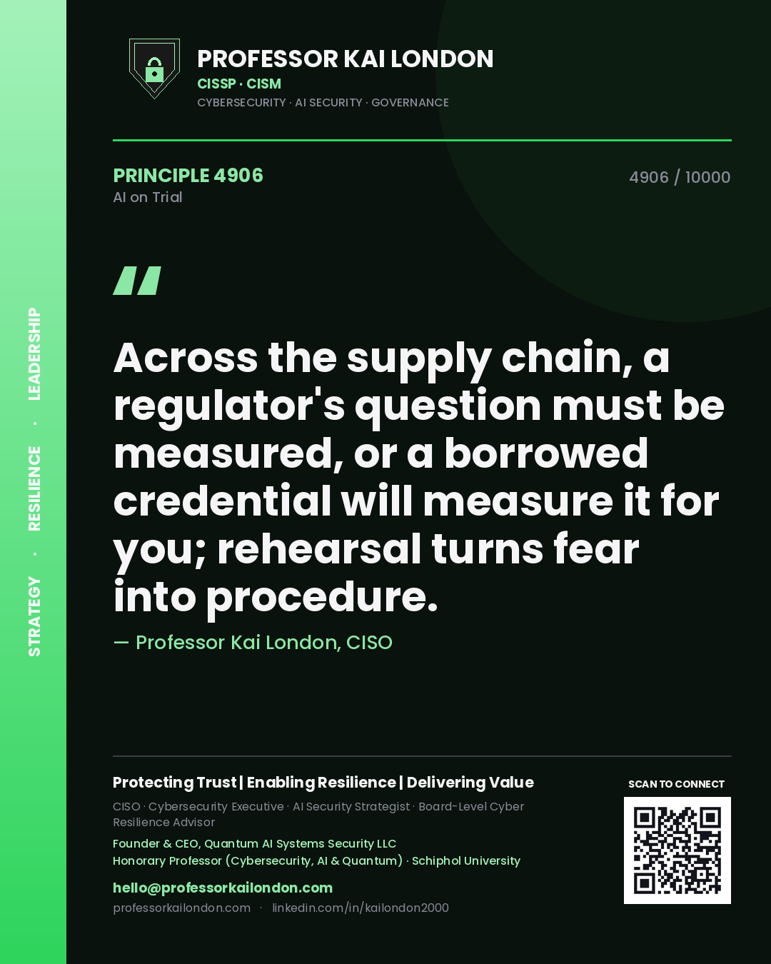Quote card by Professor Kai London reading 'Across the supply chain, a regulator's question must be measured, or a borrowed credential will measure it for you; rehearsal turns fear into procedure.'. From the book AI on Trial.
