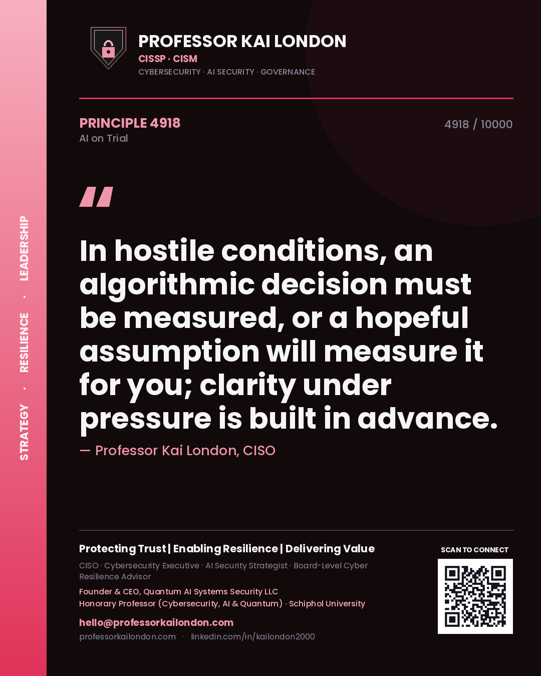 Quote card by Professor Kai London reading 'In hostile conditions, an algorithmic decision must be measured, or a hopeful assumption will measure it for you; clarity under pressure is built in advance.'. From the book AI on Trial.