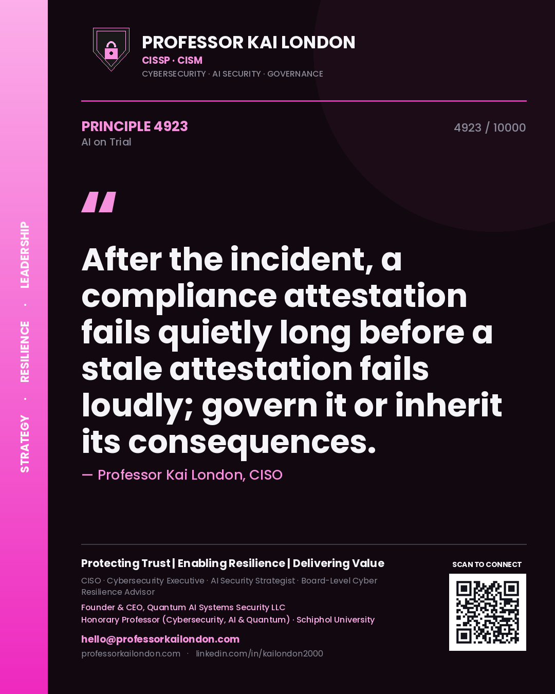 Professor Kai London principle 4923: After the incident, a compliance attestation fails quietly long before a stale attestation fails loudly; govern it or inherit its consequences.