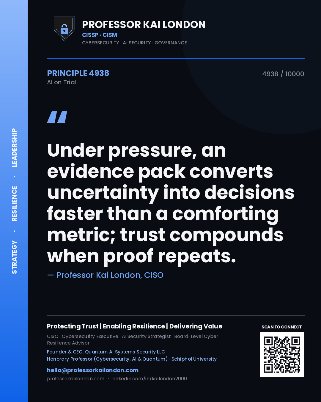 Quote card by Professor Kai London reading 'Under pressure, an evidence pack converts uncertainty into decisions faster than a comforting metric; trust compounds when proof repeats.'. From the book AI on Trial.