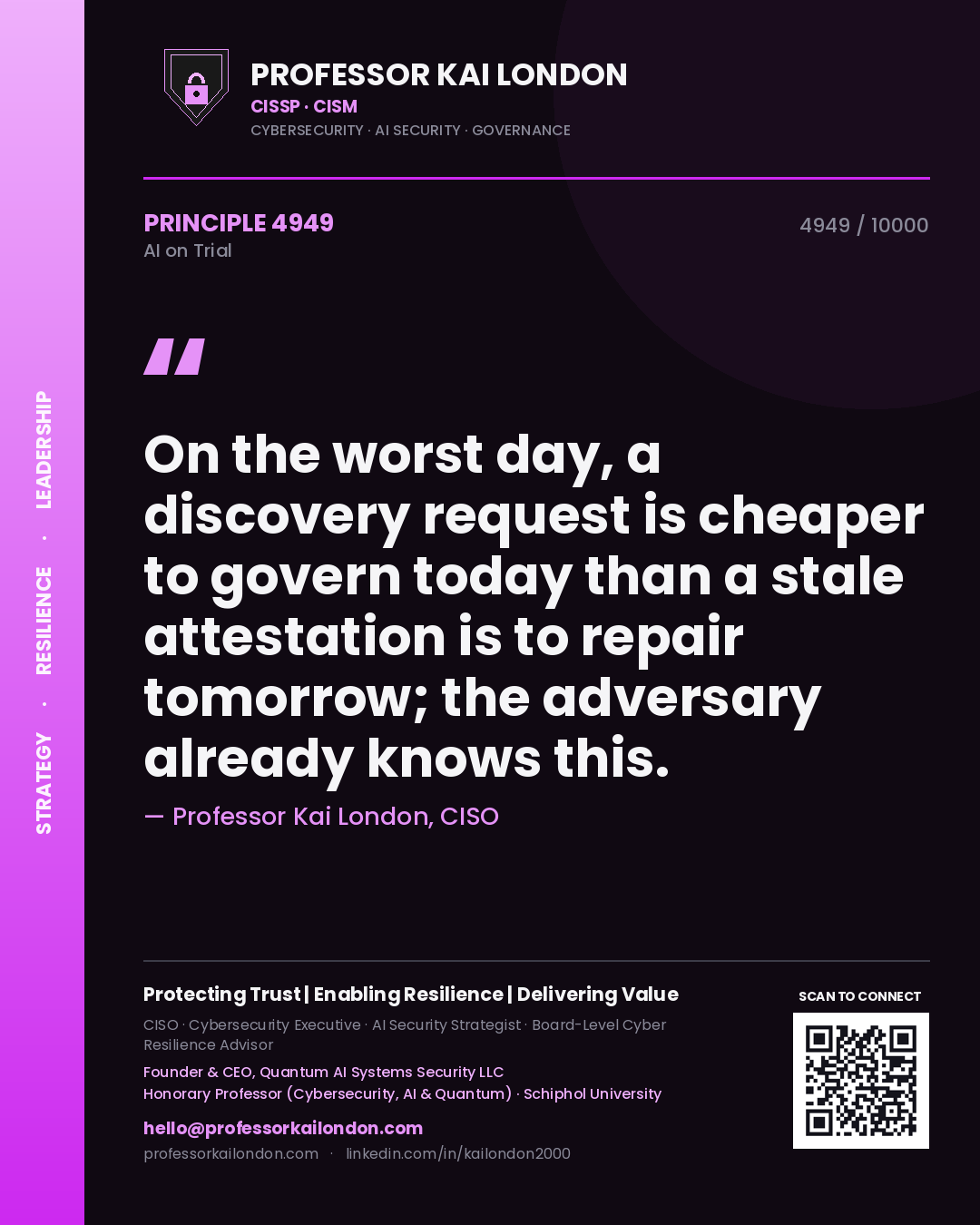 Professor Kai London principle 4949: On the worst day, a discovery request is cheaper to govern today than a stale attestation is to repair tomorrow; the adversary already knows this.