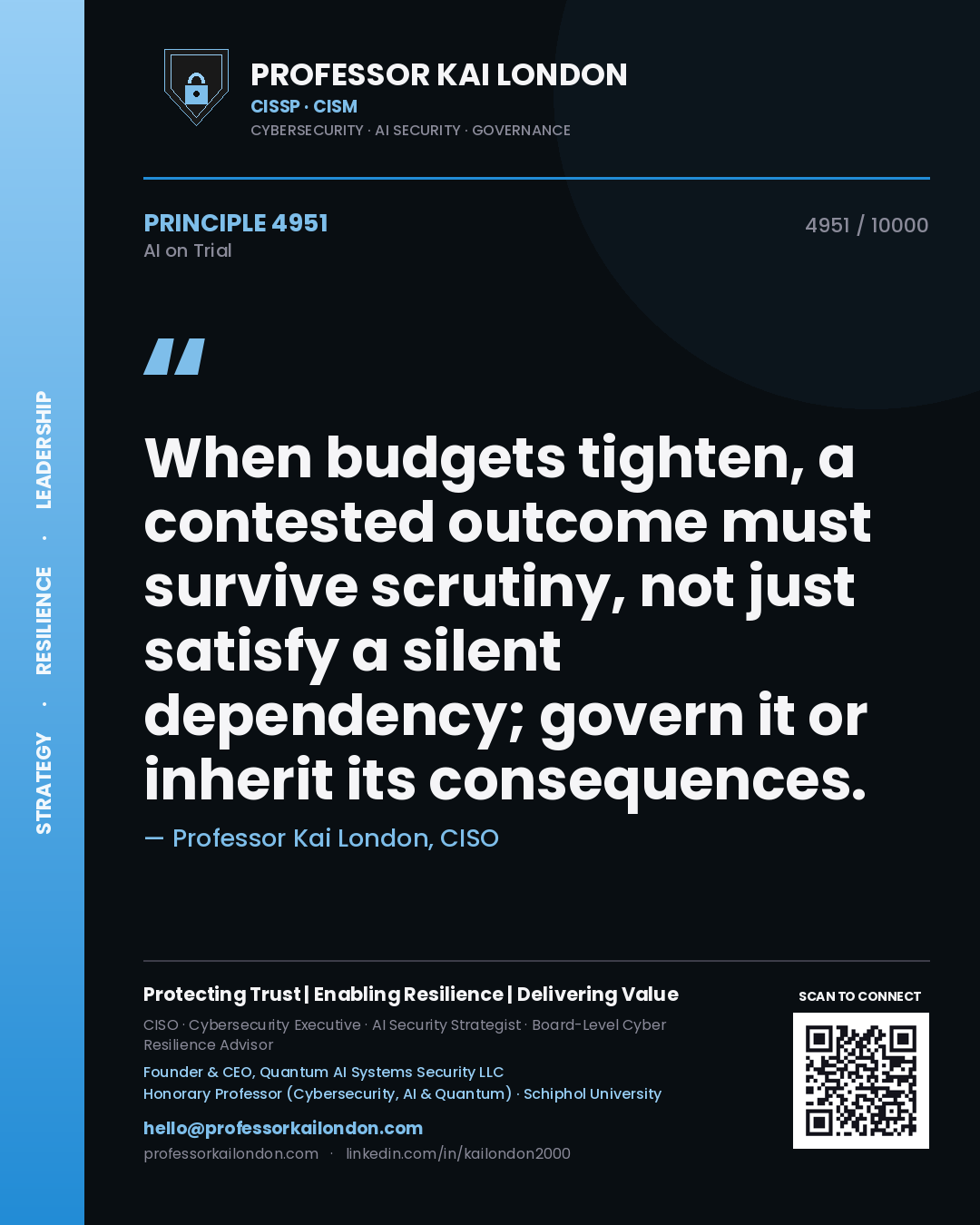 Professor Kai London principle 4951: When budgets tighten, a contested outcome must survive scrutiny, not just satisfy a silent dependency; govern it or inherit its consequences.
