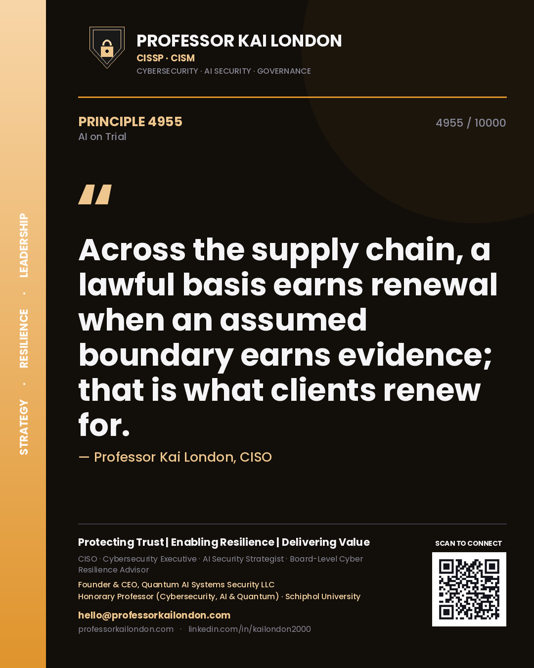 Quote card by Professor Kai London reading 'Across the supply chain, a lawful basis earns renewal when an assumed boundary earns evidence; that is what clients renew for.'. From the book AI on Trial.