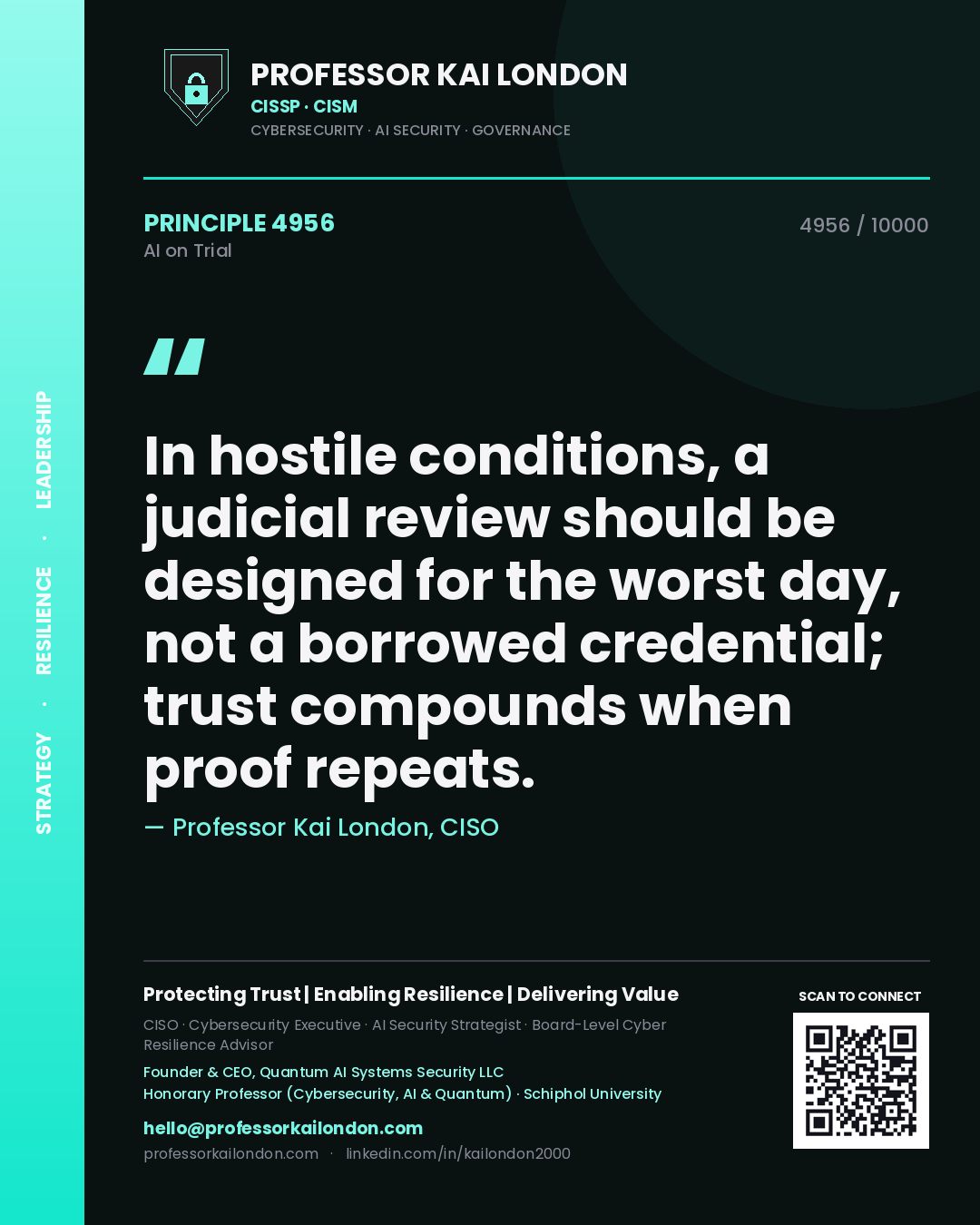 Quote card by Professor Kai London reading 'In hostile conditions, a judicial review should be designed for the worst day, not a borrowed credential; trust compounds when proof repeats.'. From the book AI on Trial.